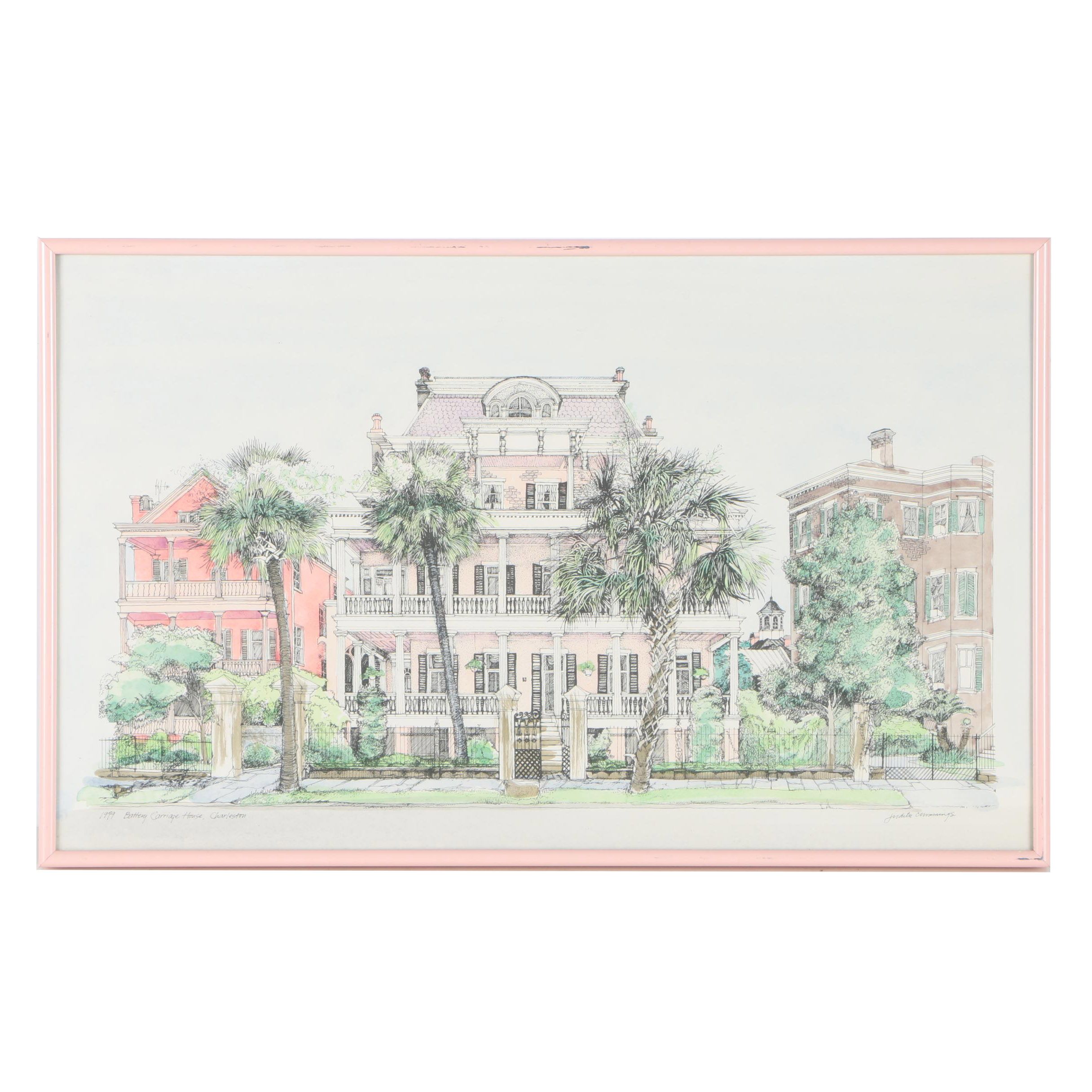 Judith Cummings Hand-Colored Lithograph "Battery Carriage House, Charleston"