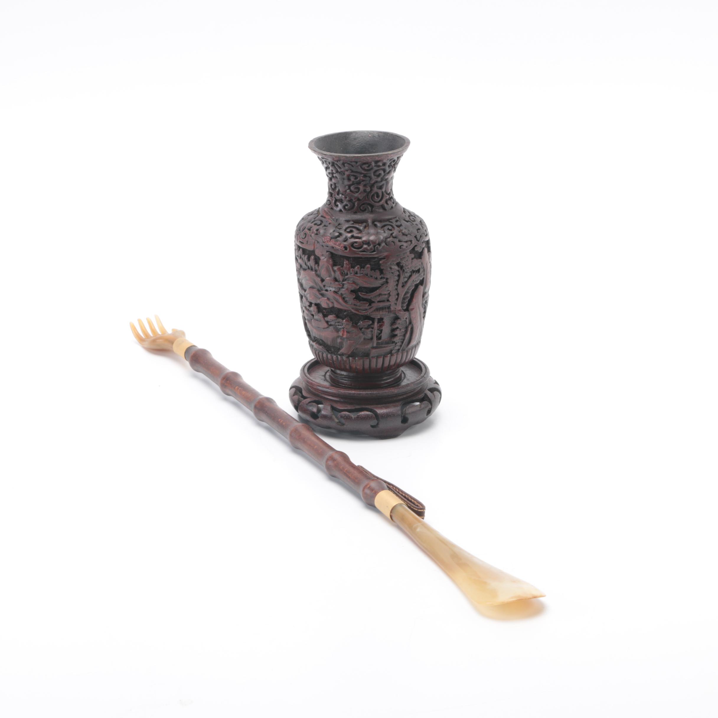 Asian Inspired Carved Wood Vase and Shoe Horn/Back Scratcher