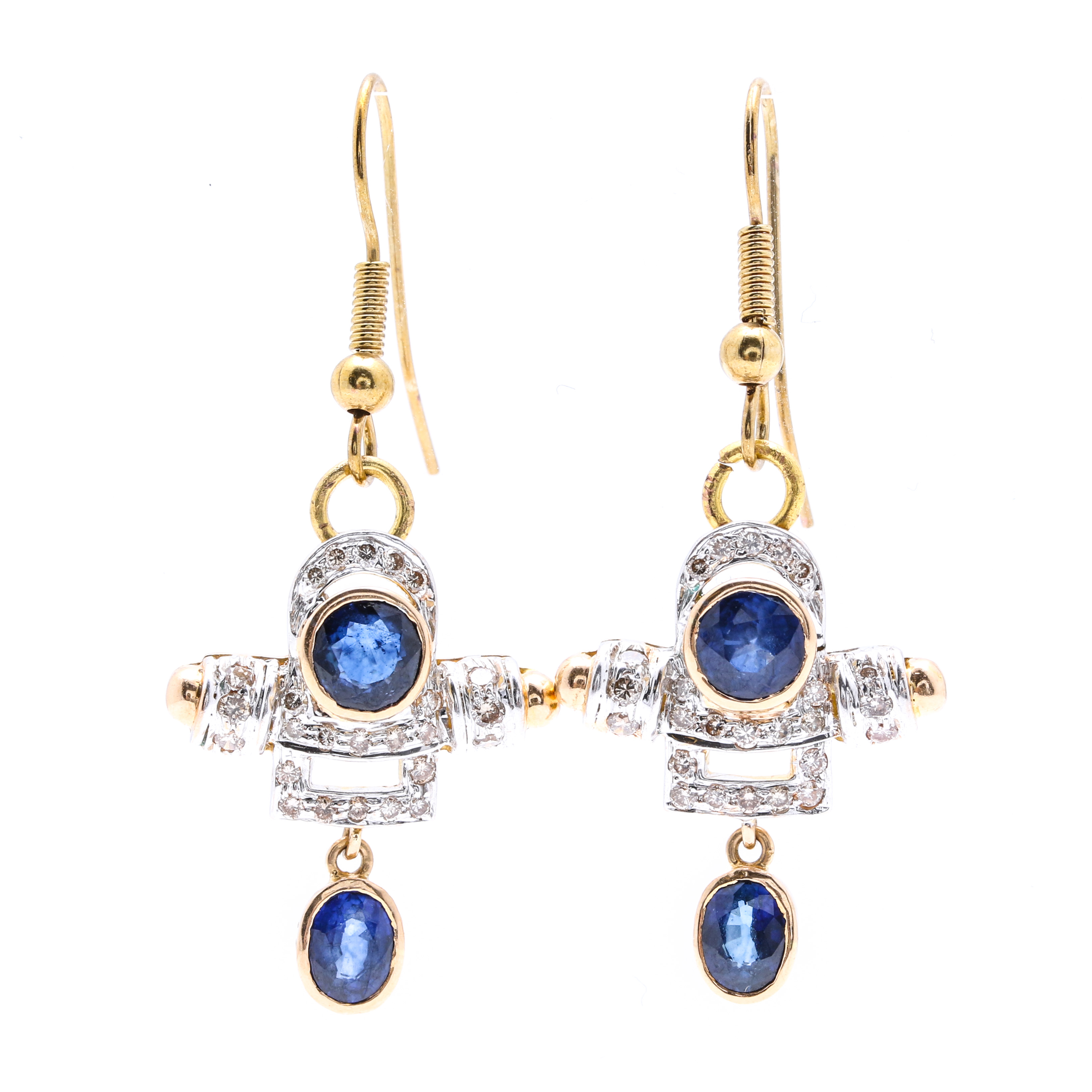 18K White and Yellow Gold 2.55 CTW Sapphire and Diamond Dangle Earrings