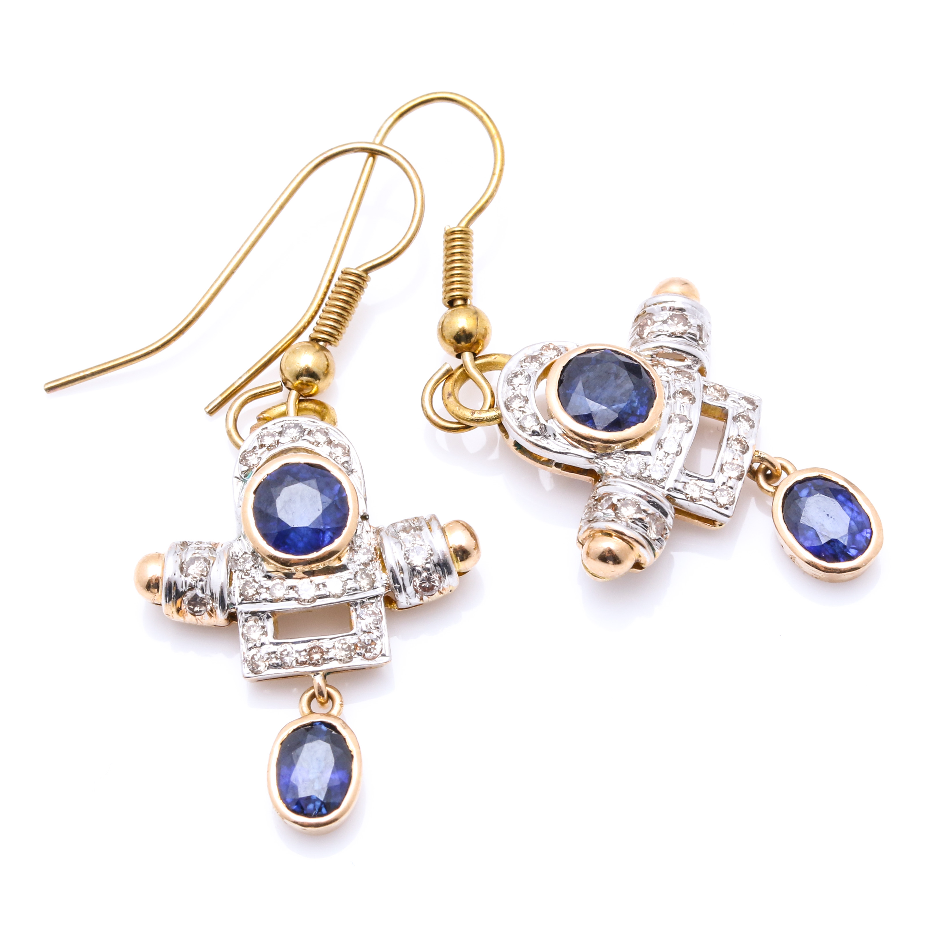 18K White and Yellow Gold 2.55 CTW Sapphire and Diamond Dangle Earrings
