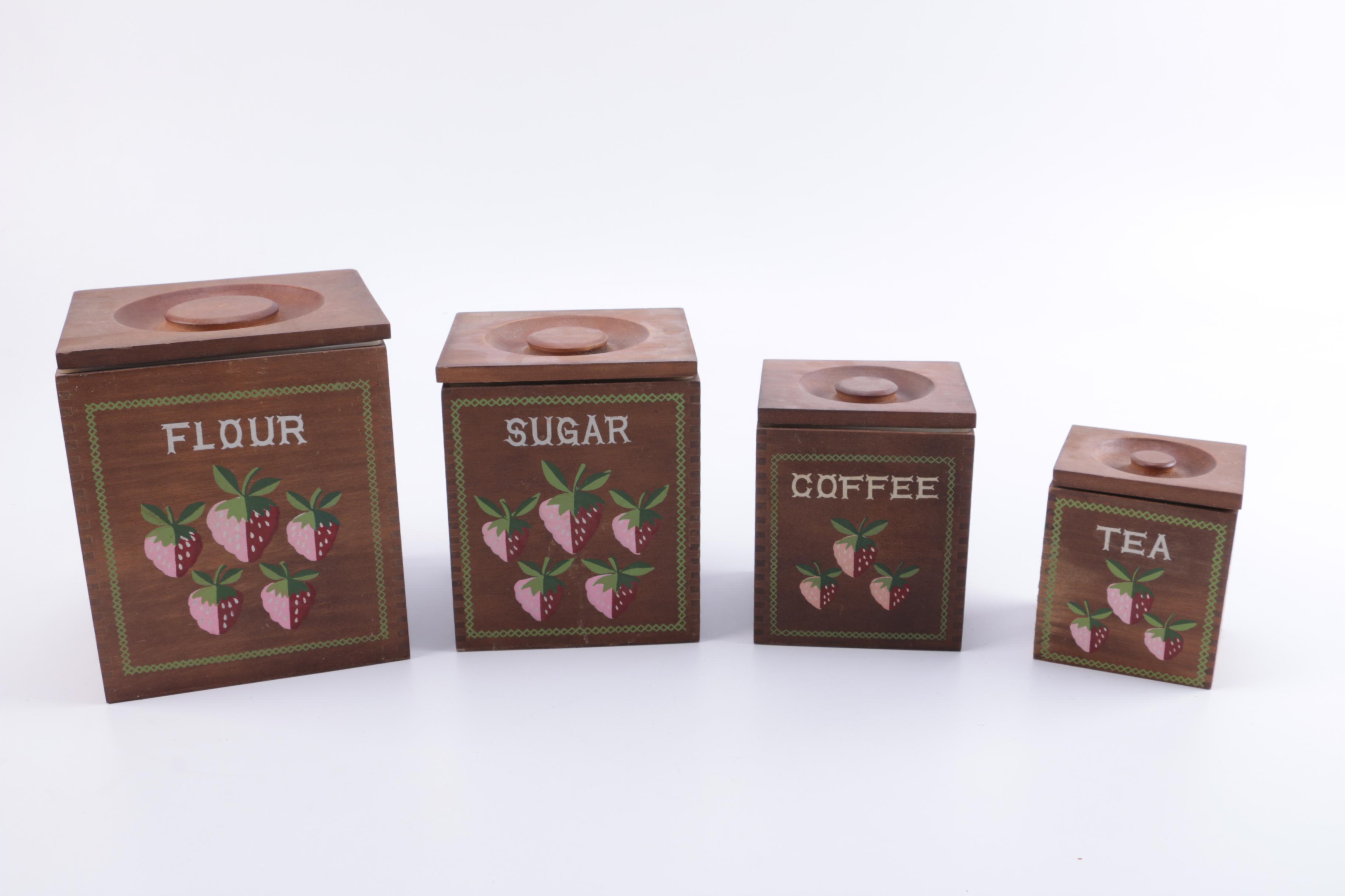 Four Vintage Wood Canister Set with Salt & Pepper Shakers