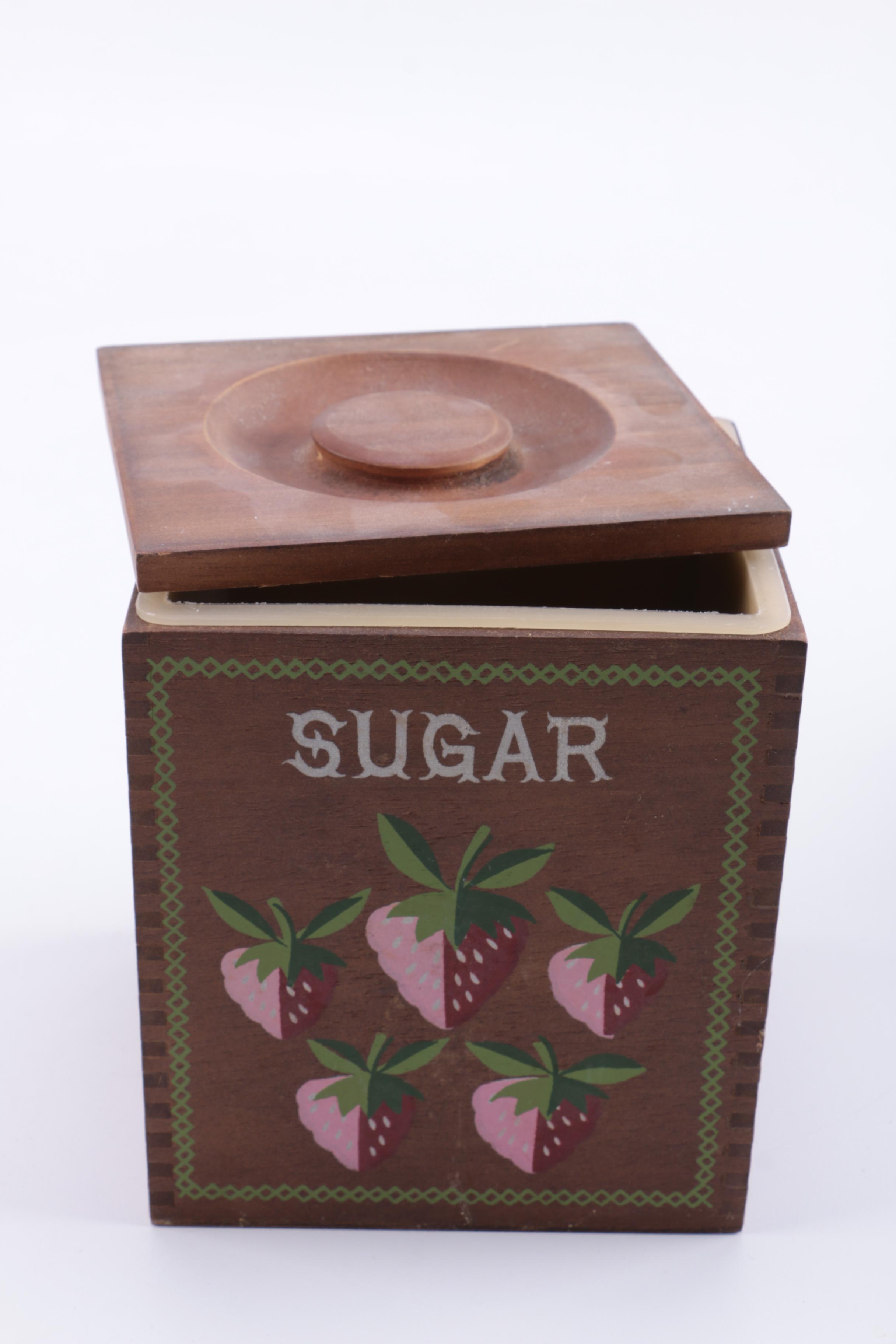 Four Vintage Wood Canister Set with Salt & Pepper Shakers