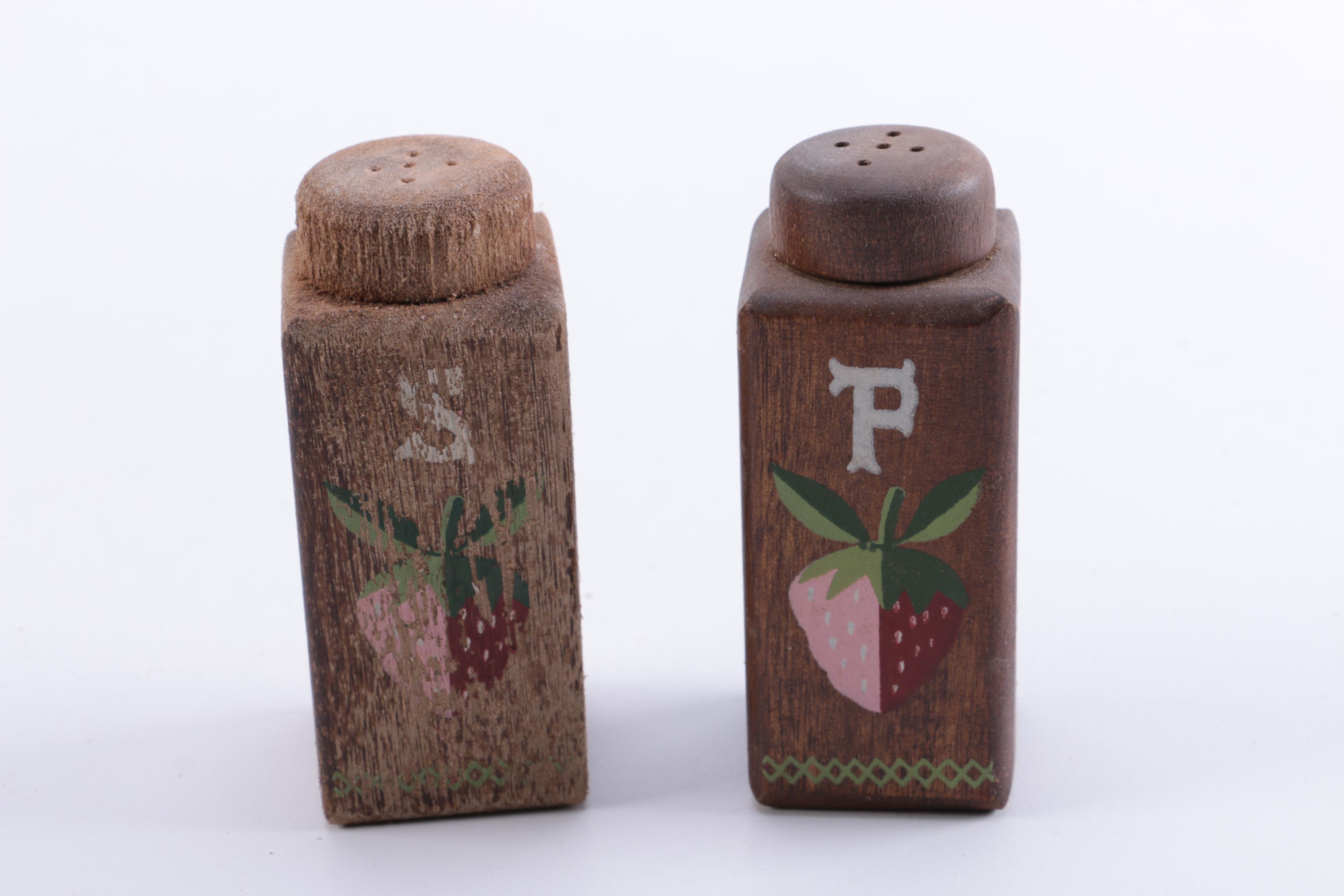 Four Vintage Wood Canister Set with Salt & Pepper Shakers