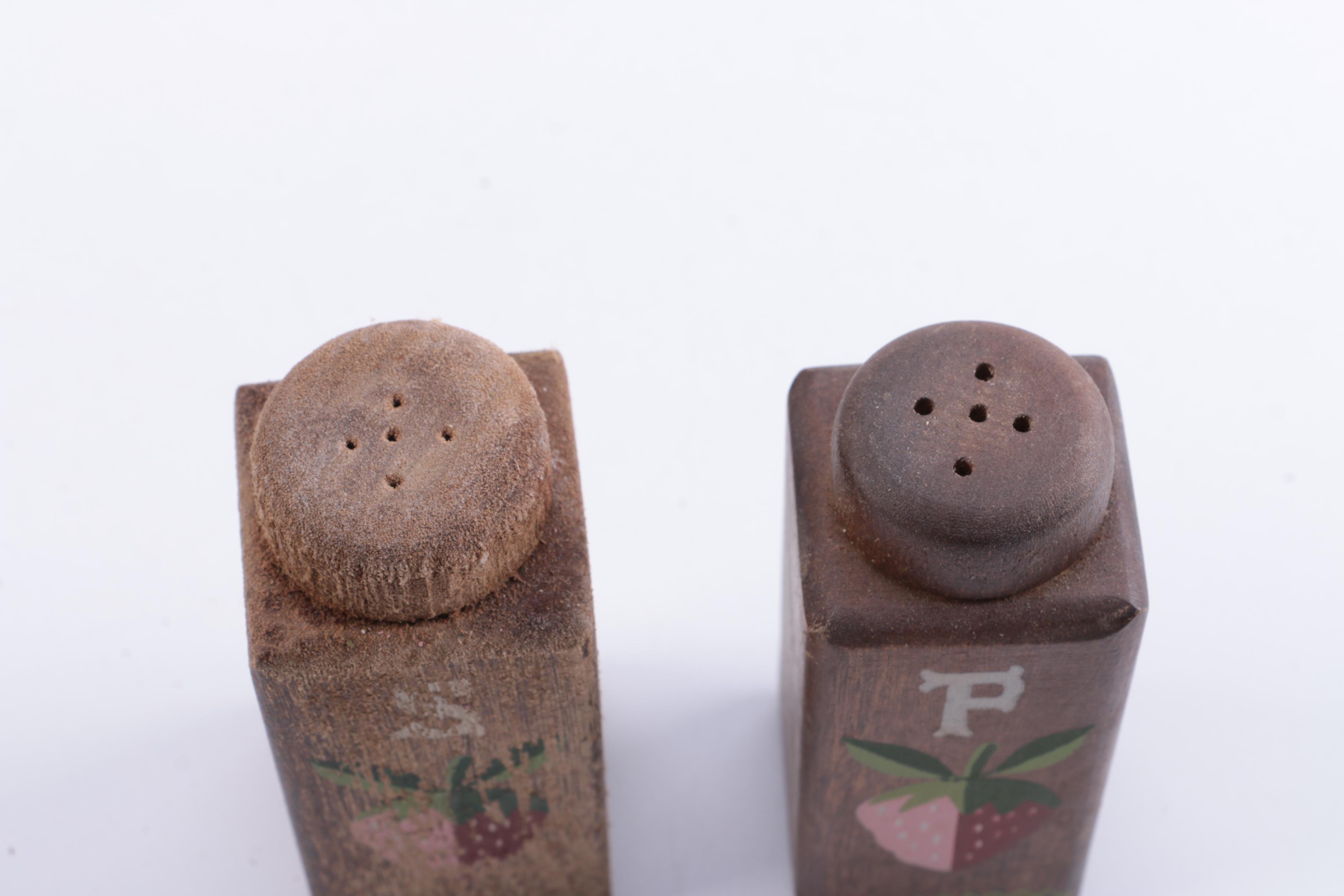 Four Vintage Wood Canister Set with Salt & Pepper Shakers