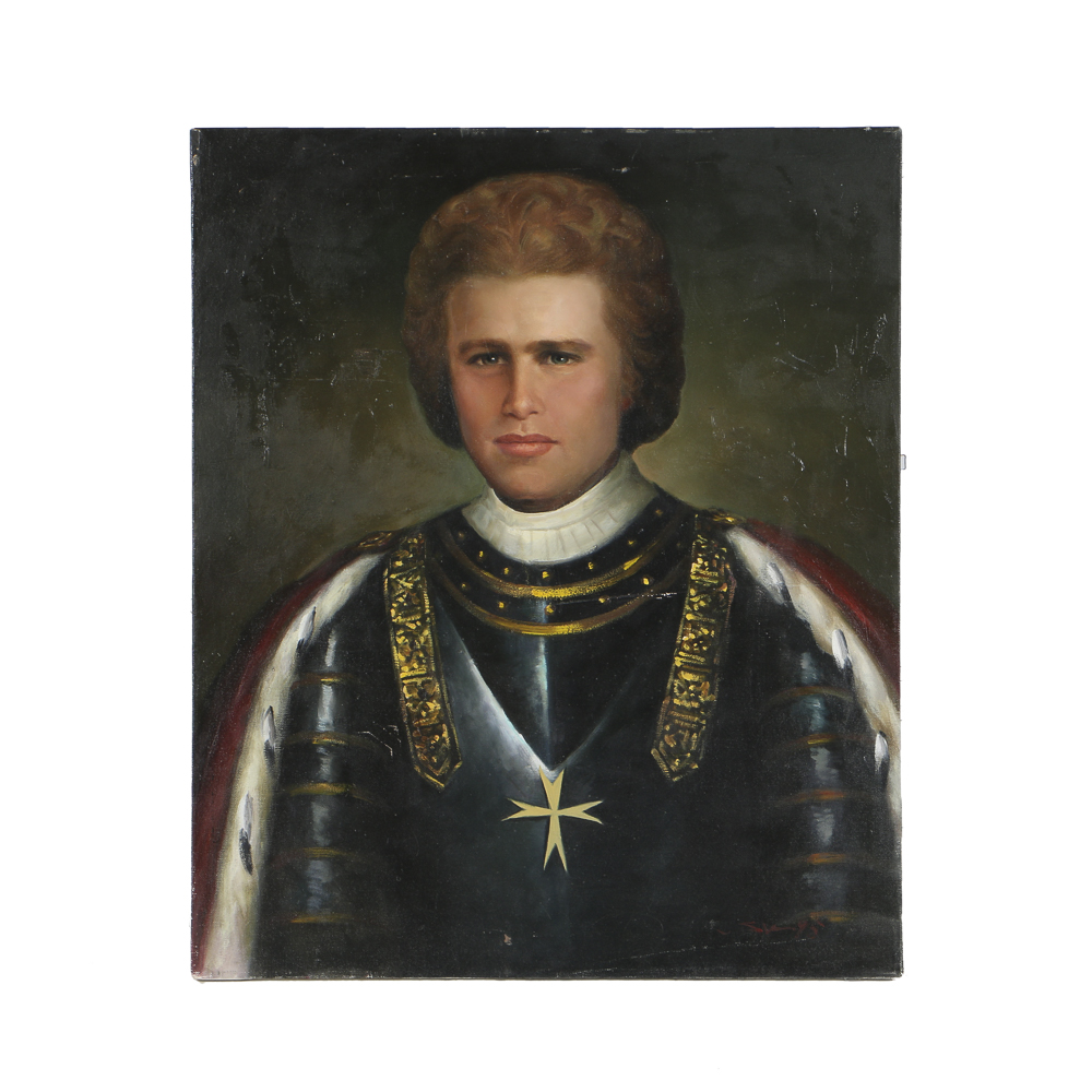 1995 Oil Portrait on Canvas of Man Dressed in Armor