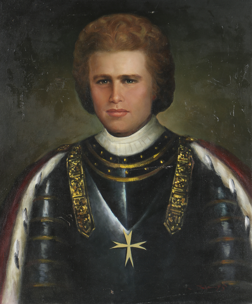 1995 Oil Portrait on Canvas of Man Dressed in Armor