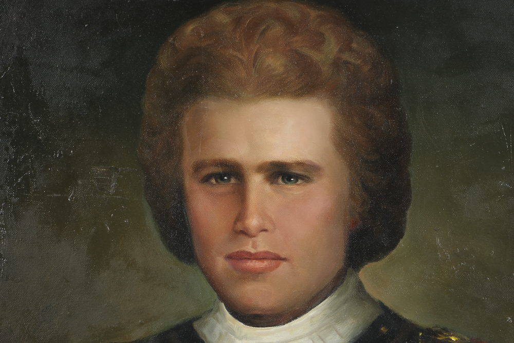 1995 Oil Portrait on Canvas of Man Dressed in Armor