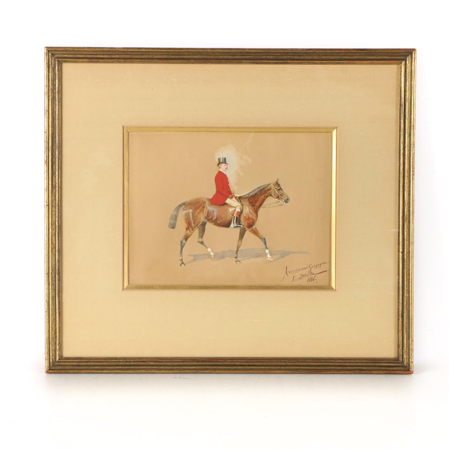 1886 Jean-Baptiste Édouard Detaille Watercolor and Gouache Equestrian Portrait