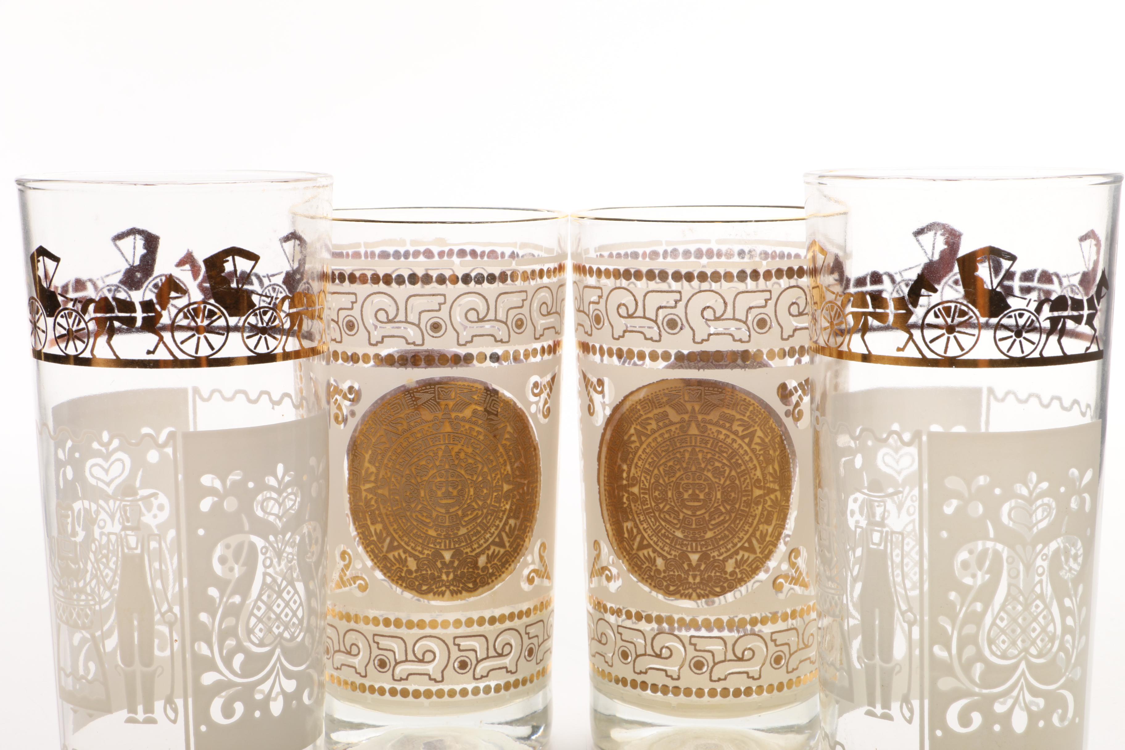 Mid Century Gold Tone and Frosted Glass Drinking Glasses