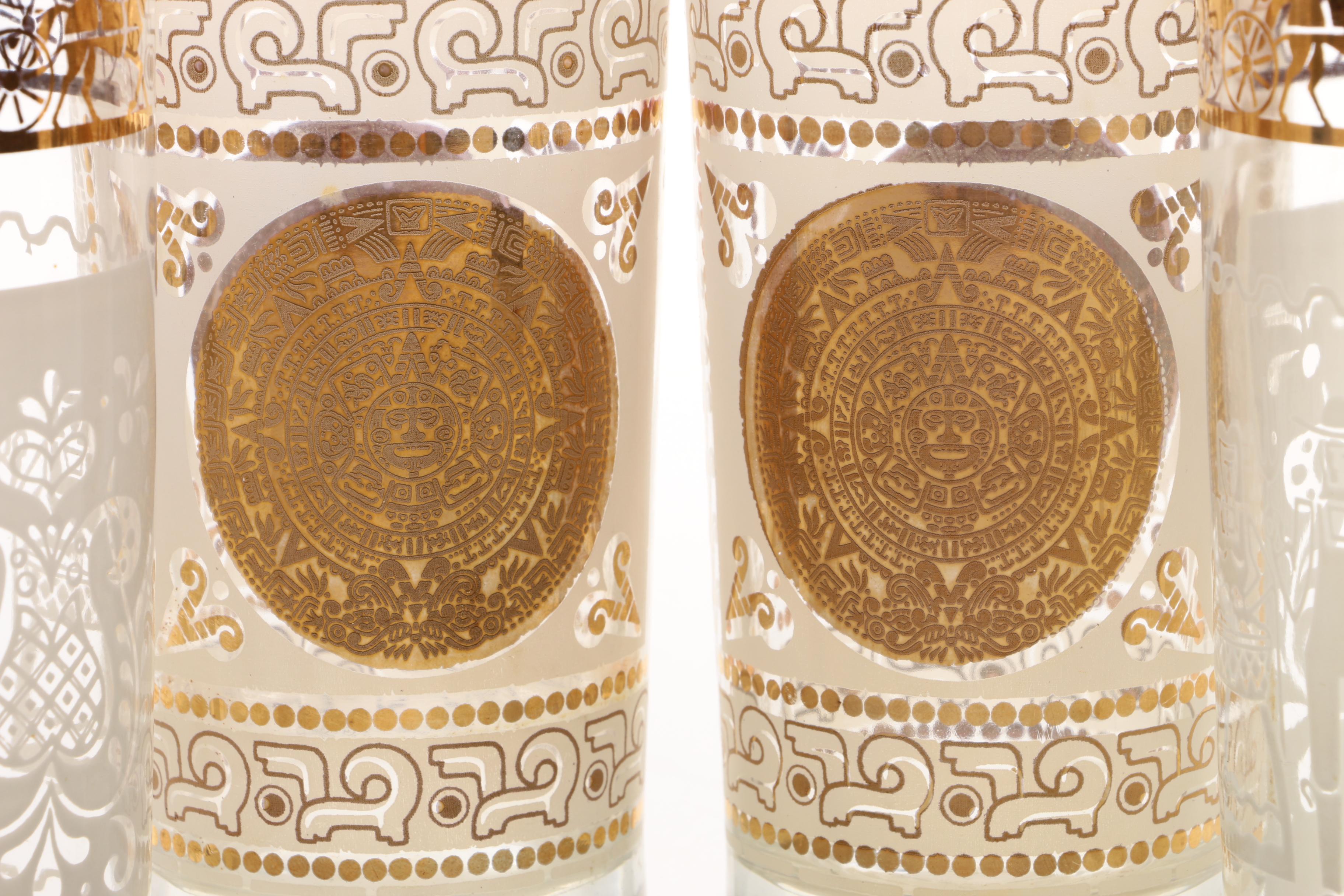 Mid Century Gold Tone and Frosted Glass Drinking Glasses