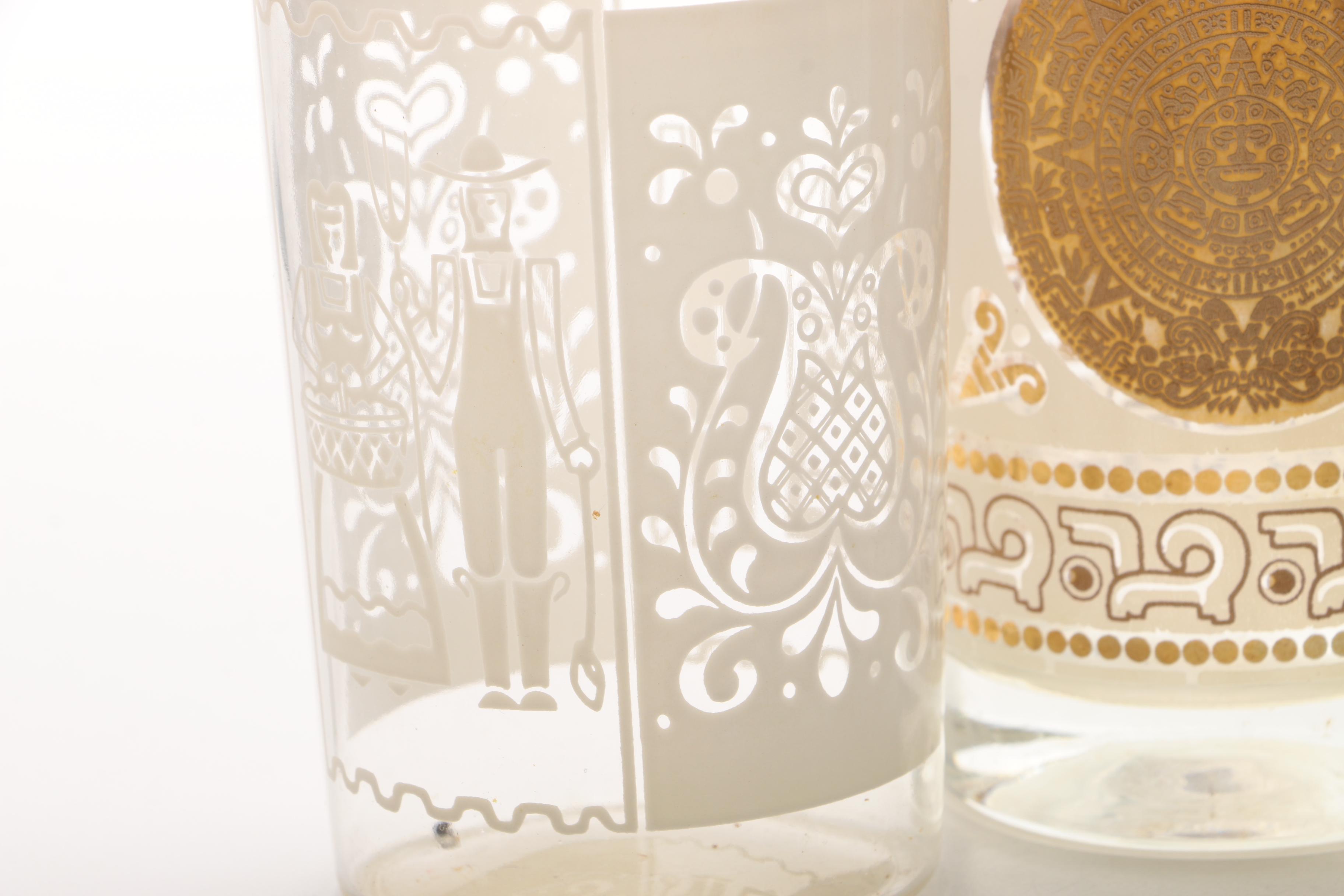 Mid Century Gold Tone and Frosted Glass Drinking Glasses