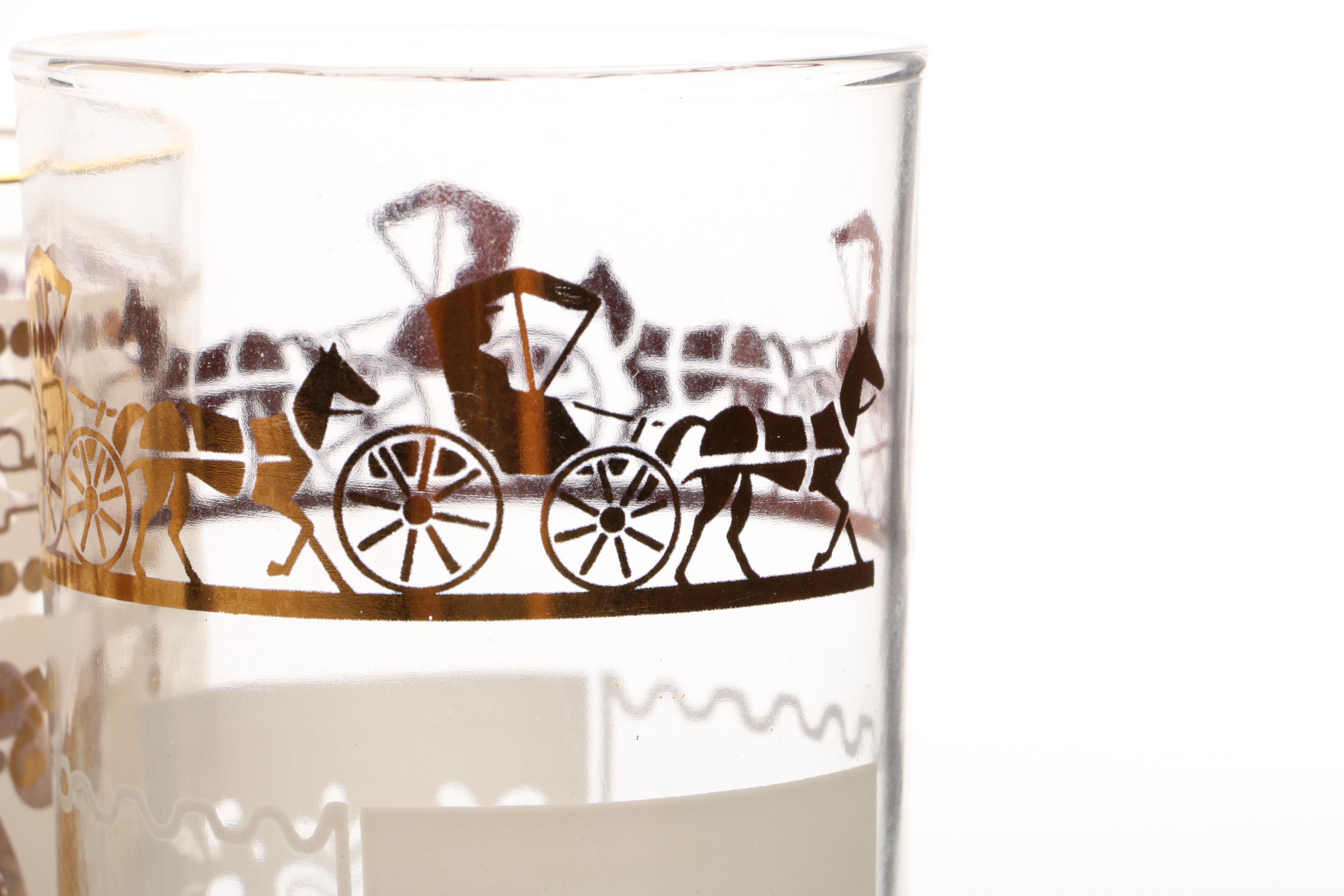 Mid Century Gold Tone and Frosted Glass Drinking Glasses