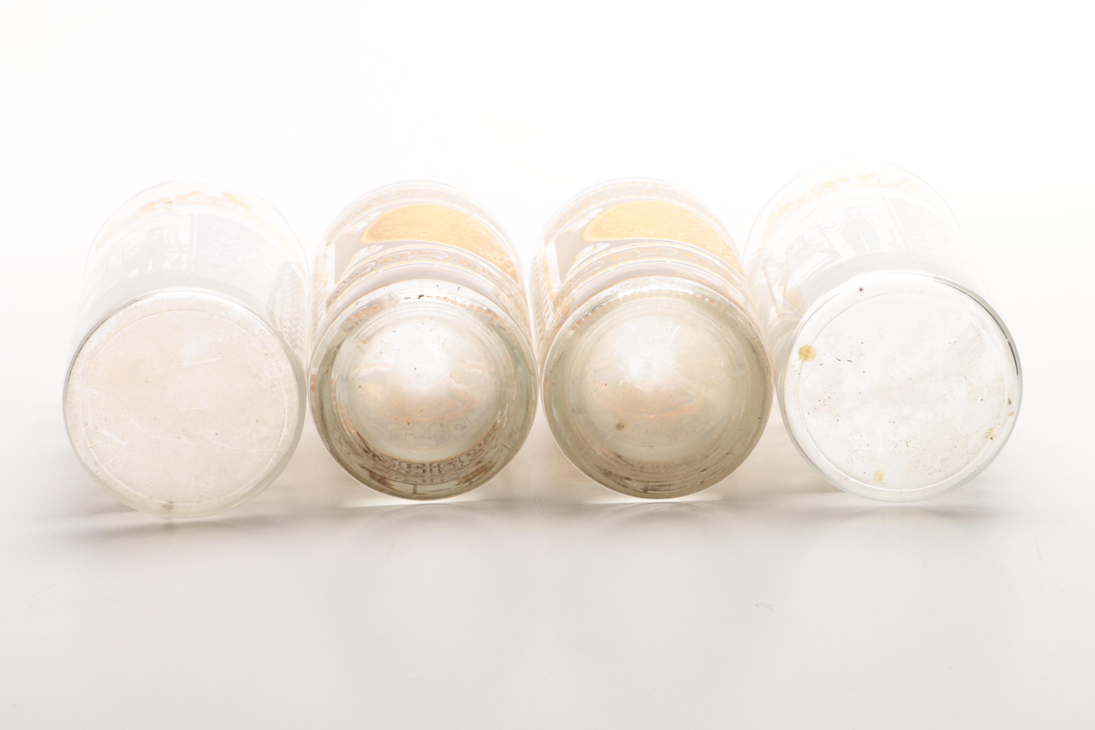 Mid Century Gold Tone and Frosted Glass Drinking Glasses