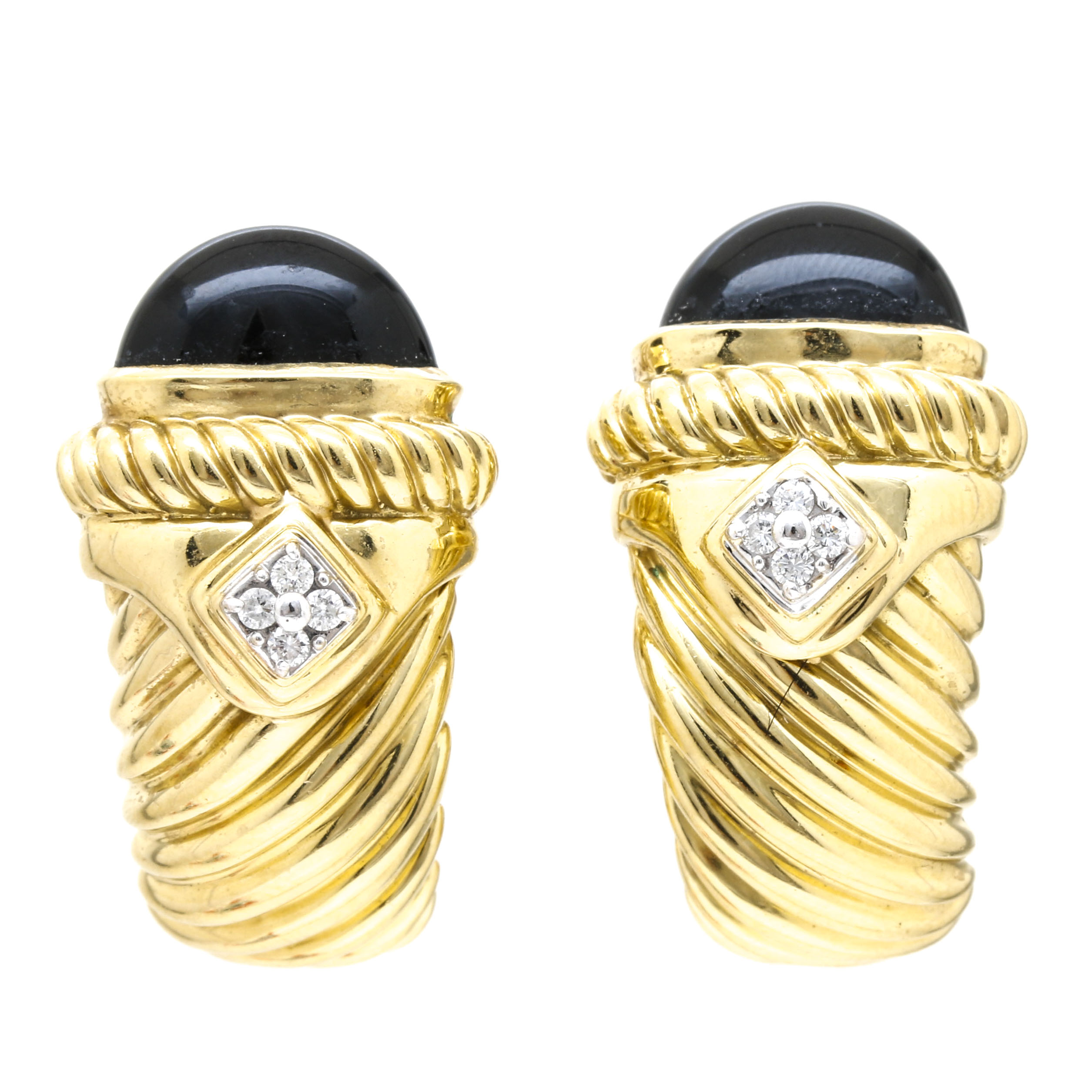 David Yurman 18K Yellow Gold Onyx and Diamond Hoop Earrings