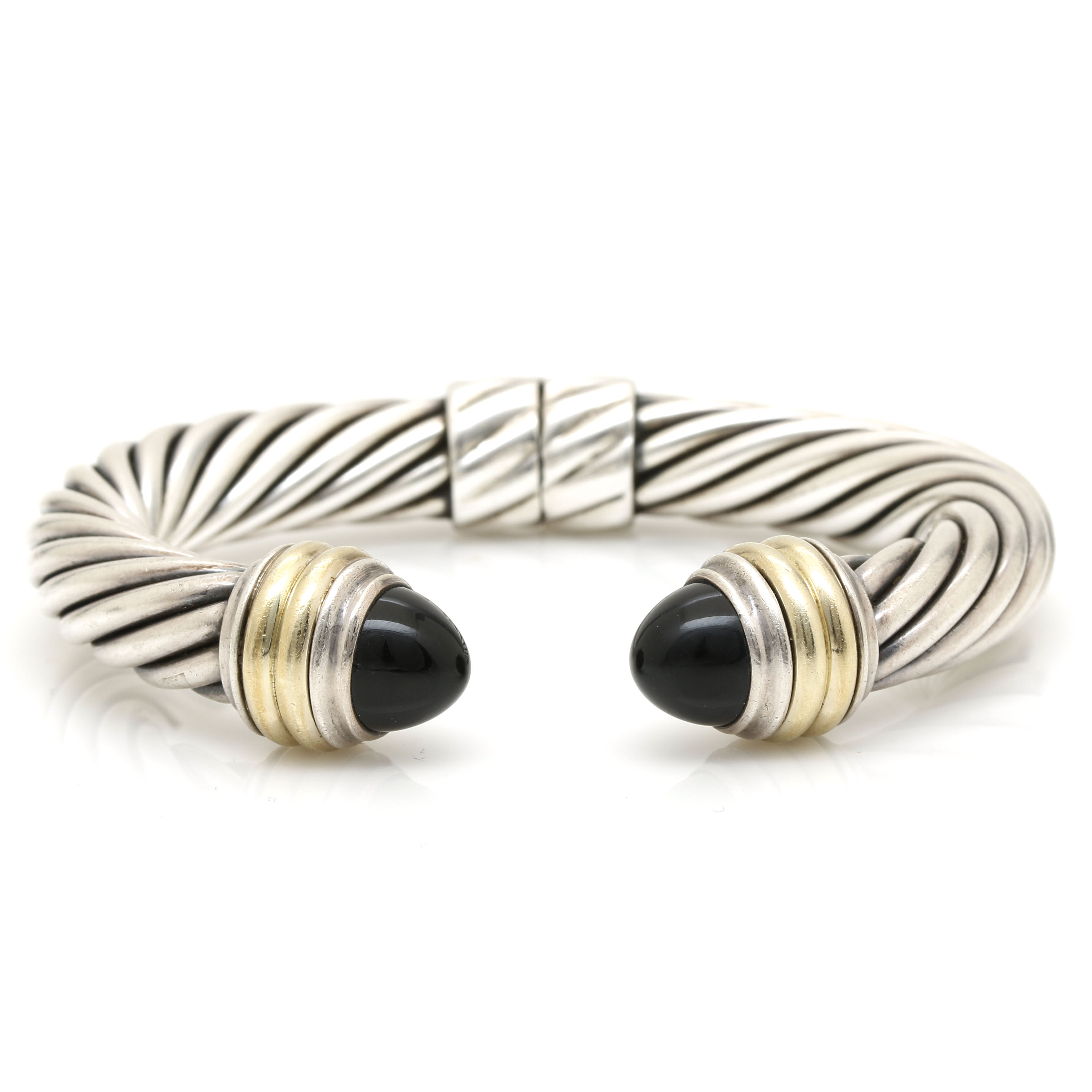 David Yurman Sterling and 14K Yellow Gold Onyx Hinged Bangle