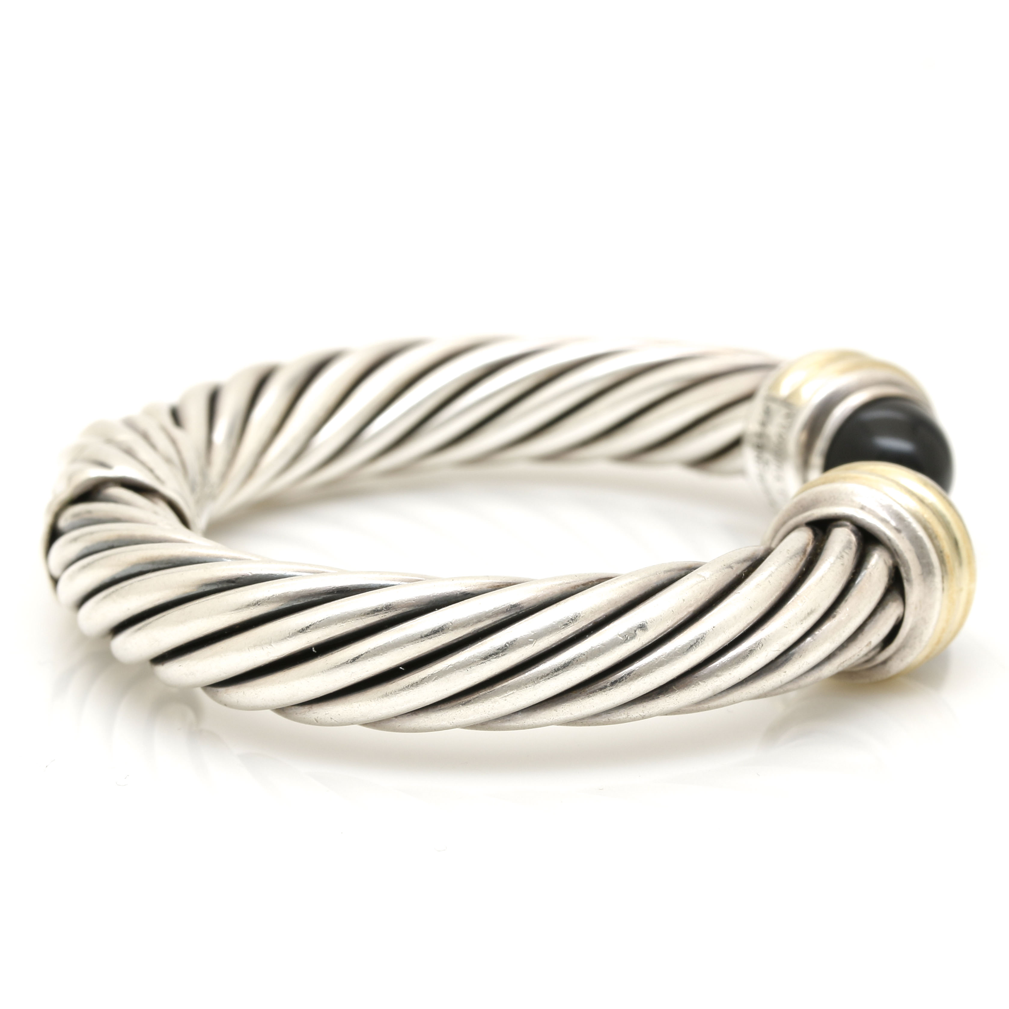 David Yurman Sterling and 14K Yellow Gold Onyx Hinged Bangle