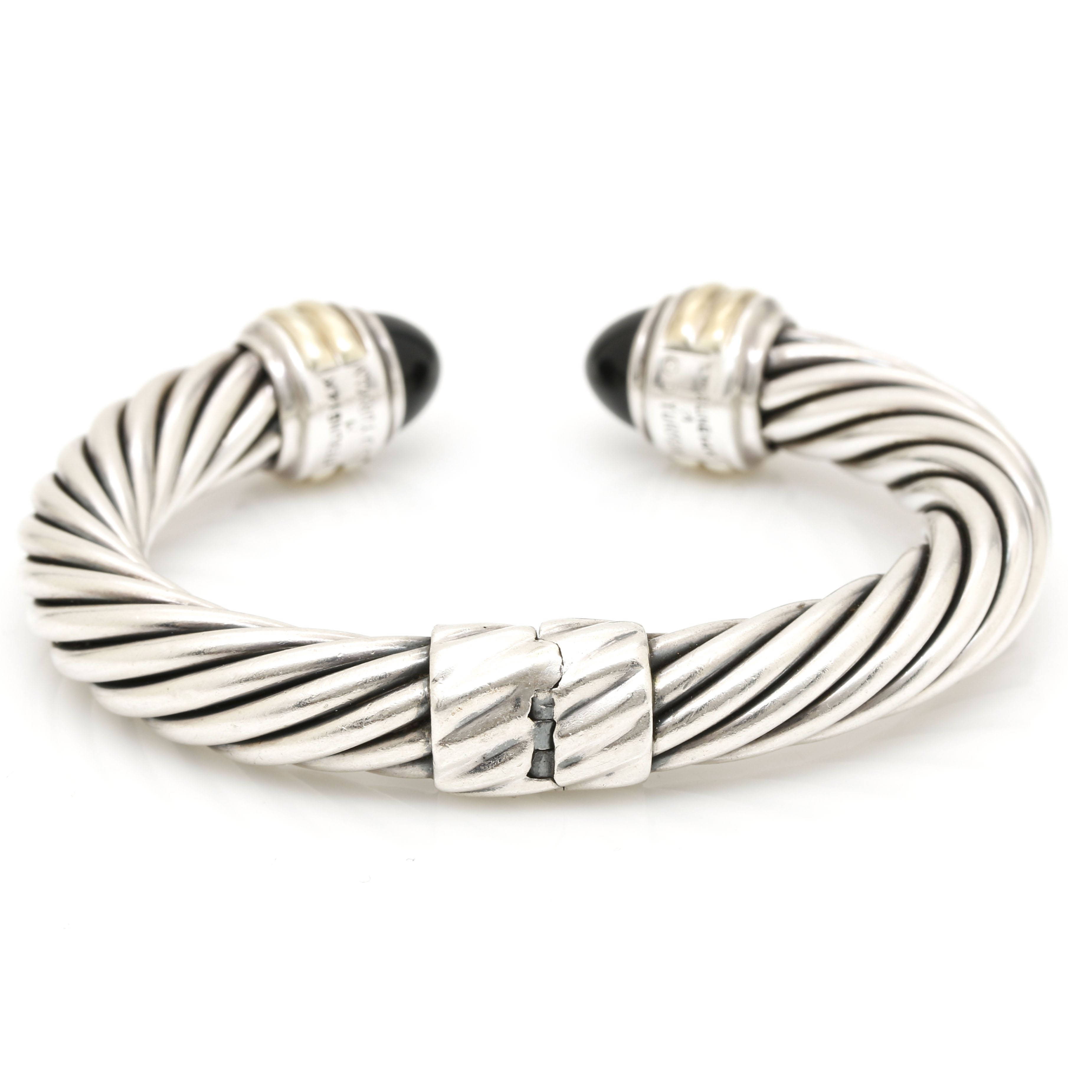David Yurman Sterling and 14K Yellow Gold Onyx Hinged Bangle