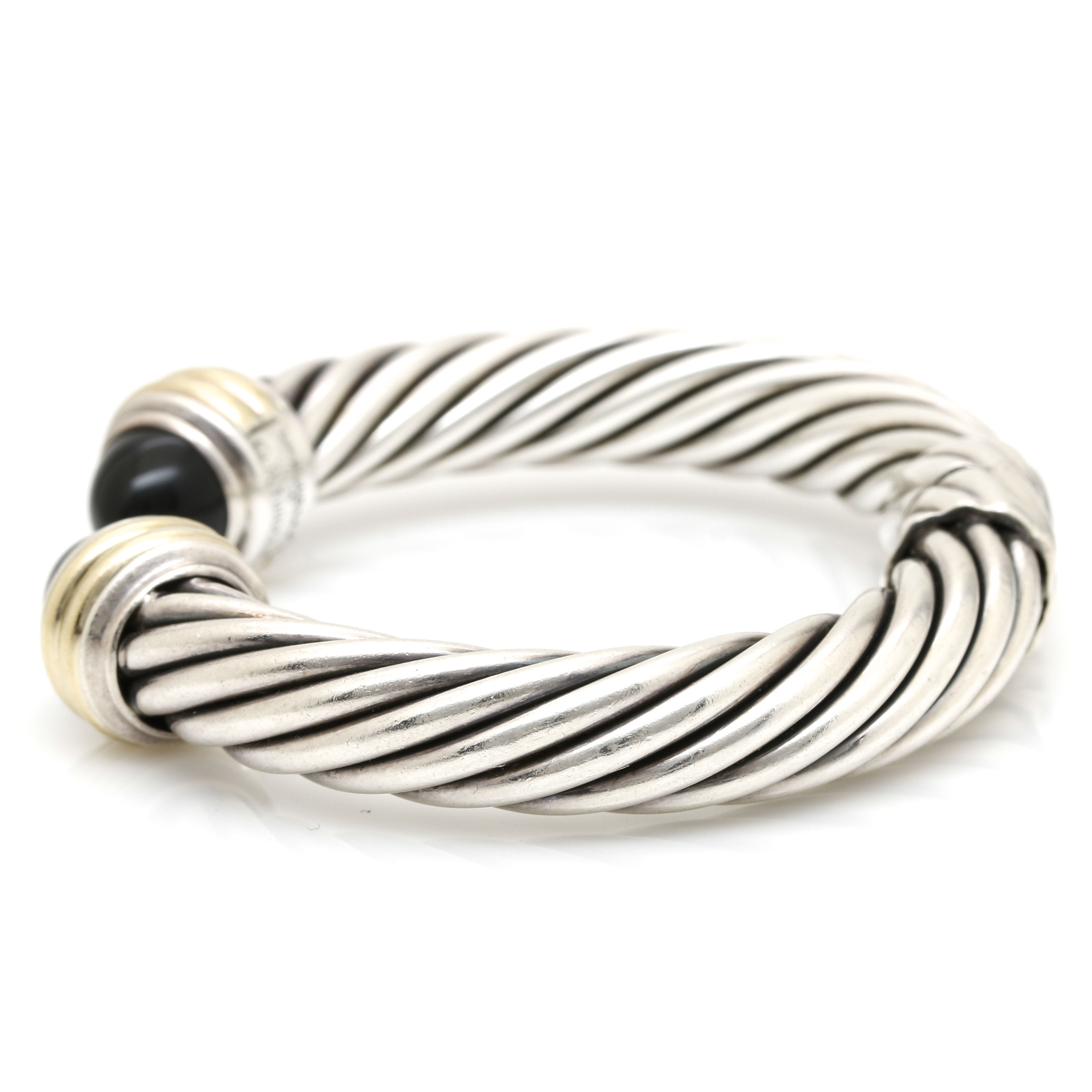 David Yurman Sterling and 14K Yellow Gold Onyx Hinged Bangle
