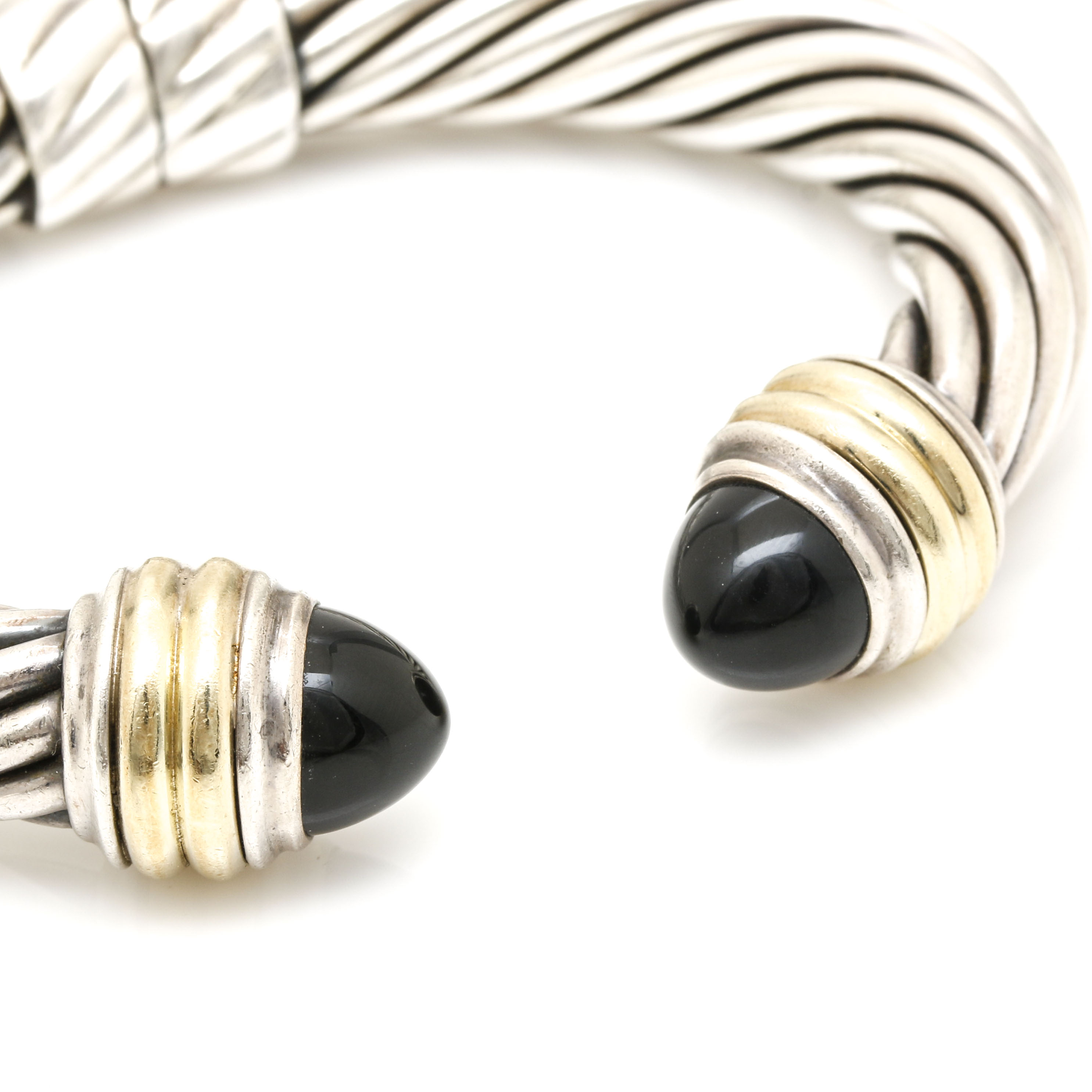 David Yurman Sterling and 14K Yellow Gold Onyx Hinged Bangle