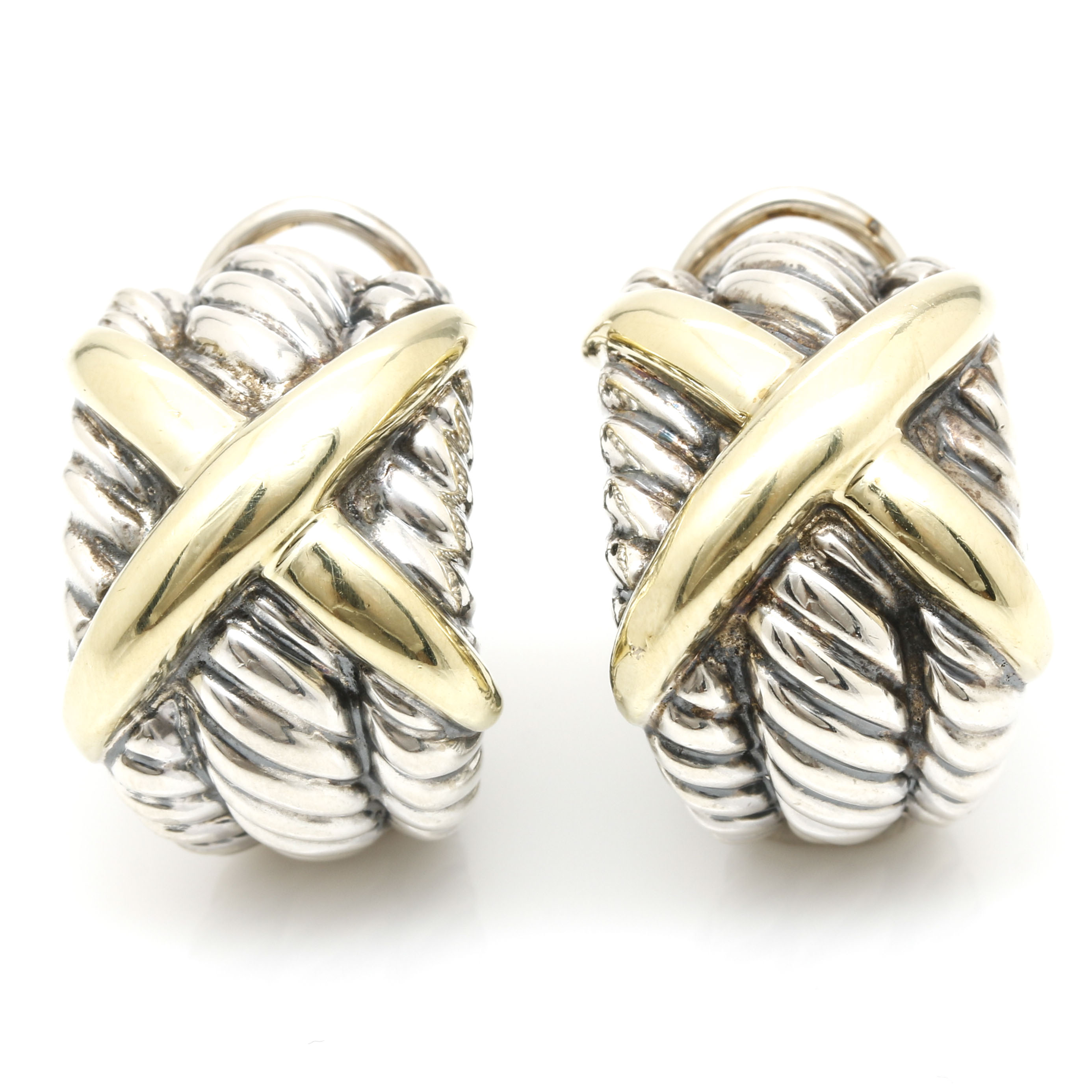 David Yurman Sterling Silver and 14K Yellow Gold Hoop Earrings