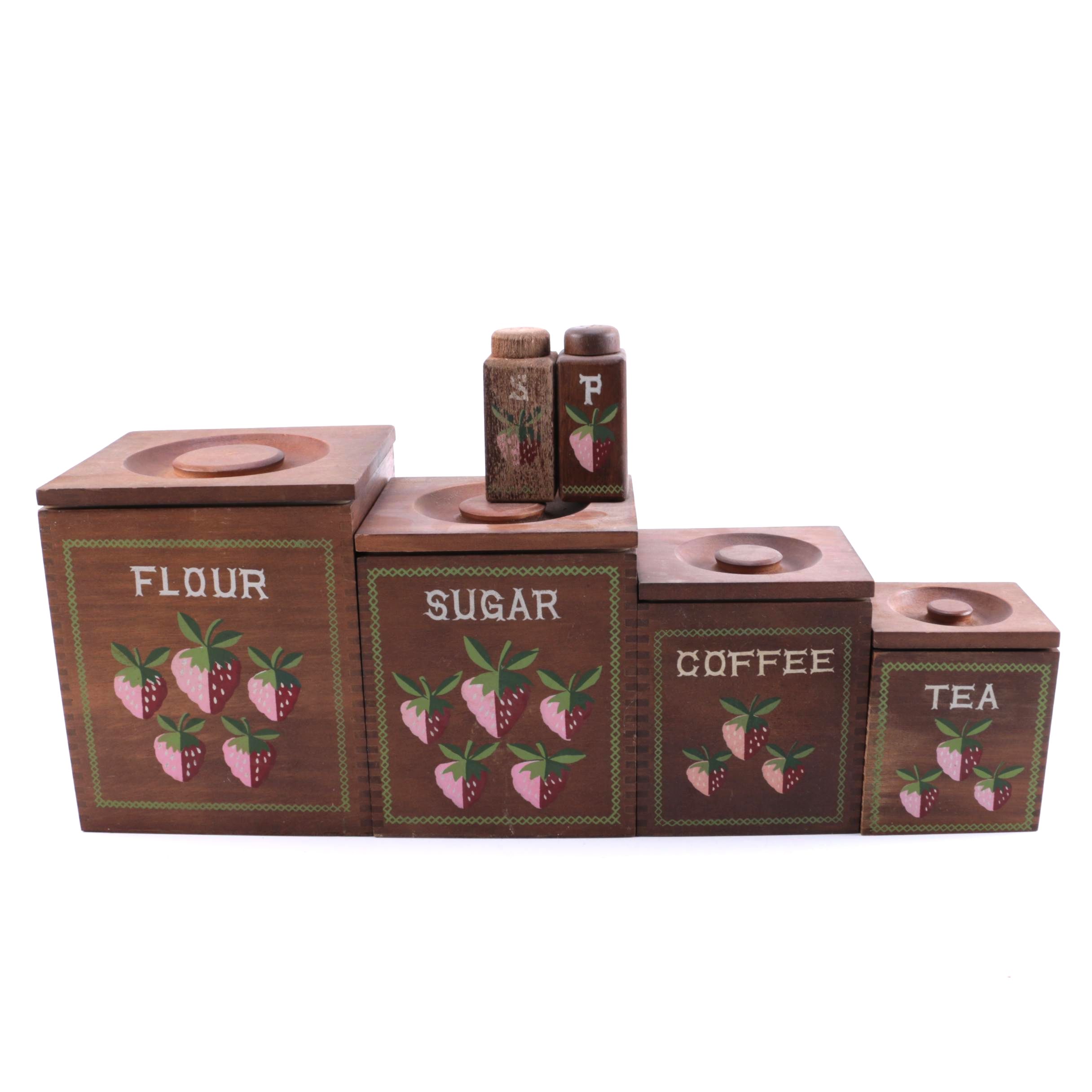 Four Vintage Wood Canister Set with Salt & Pepper Shakers