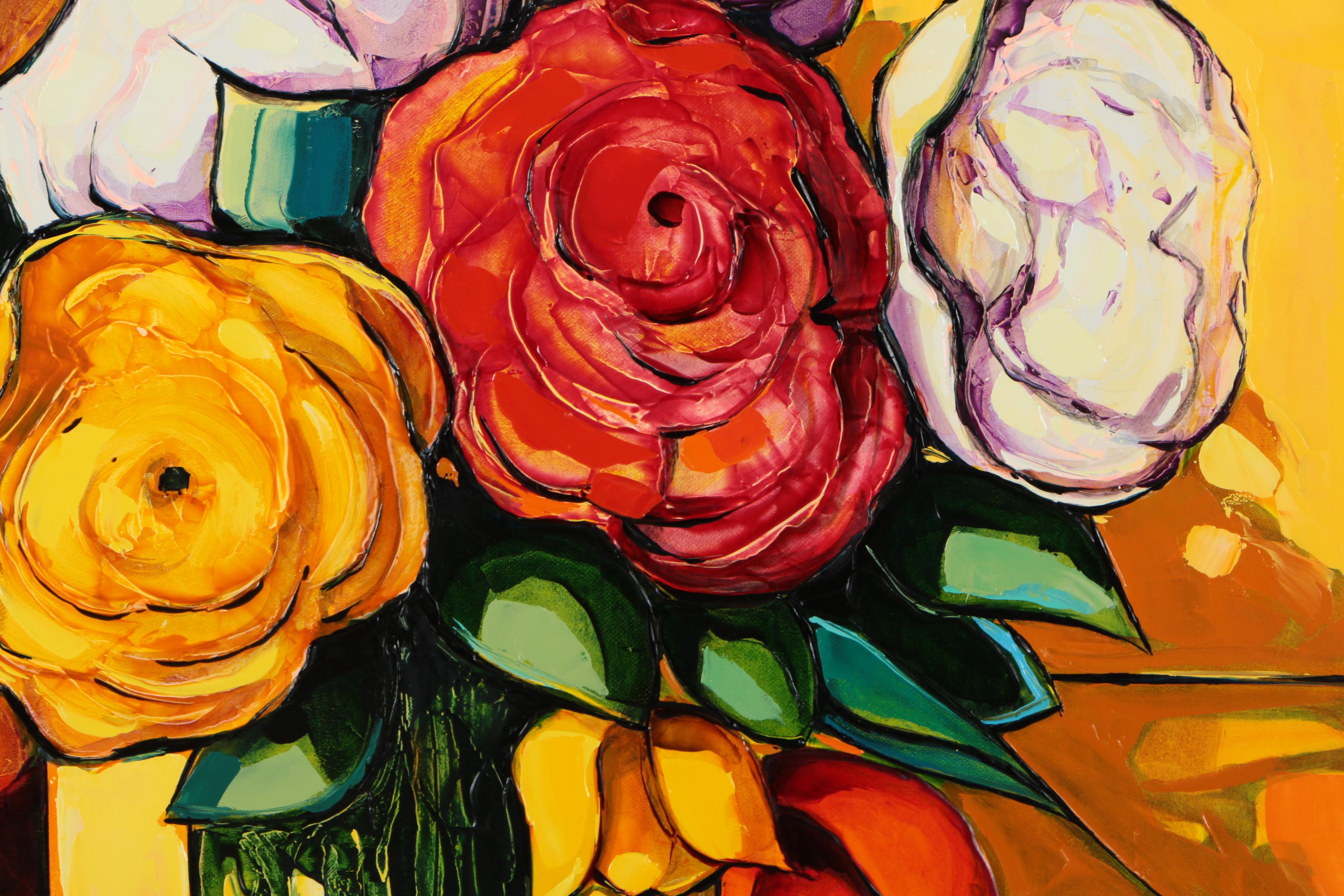 Leon Zanella Oil on Canvas Painting of Flowers