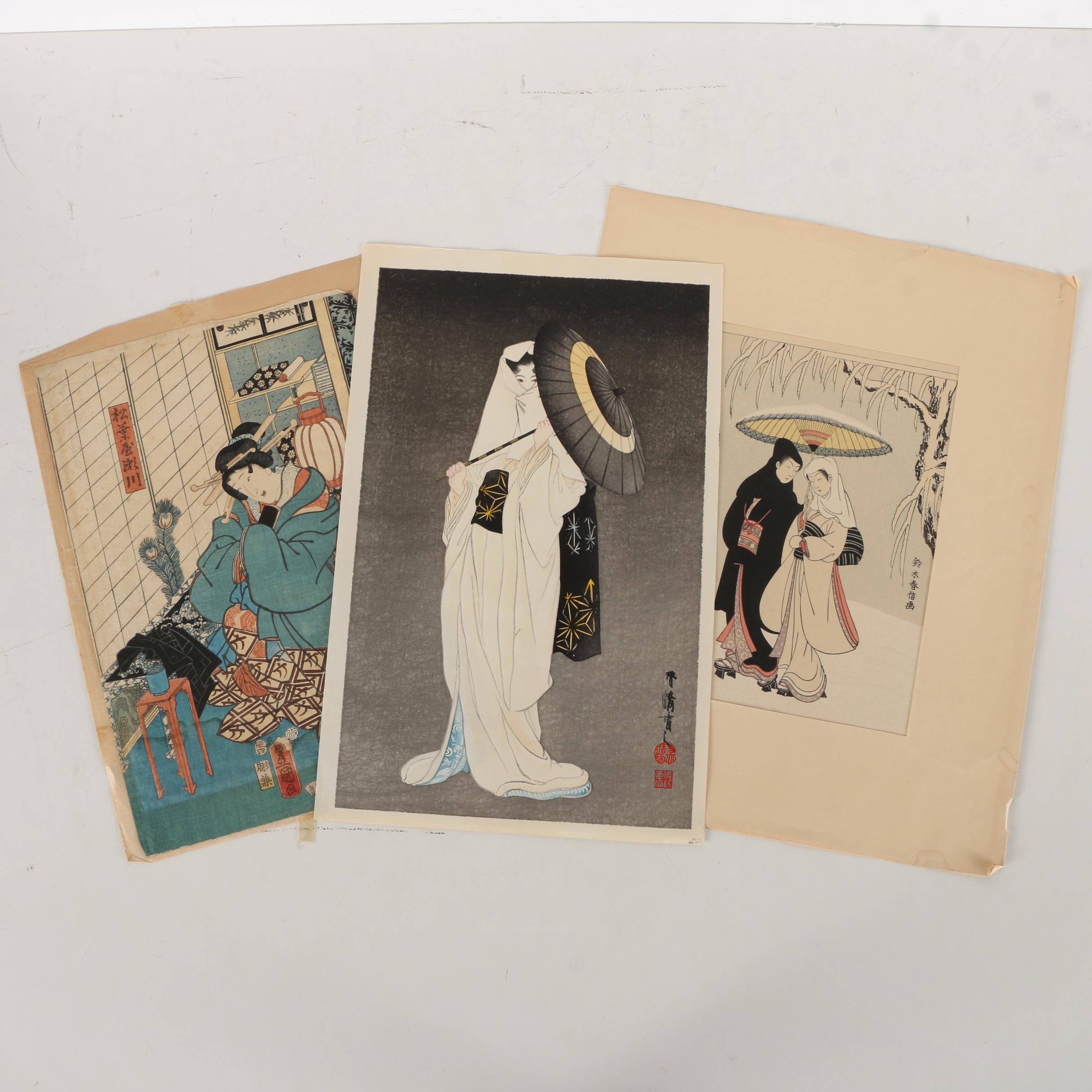 Japanese Ukiyo-e Woodblock Prints Including Taniguchi Kôkyô, Utagawa Kunisada and Suzuki Harunobu