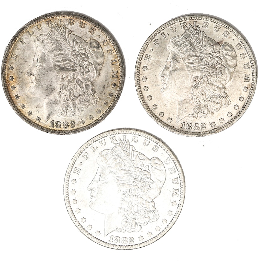 Three 1882-O Silver Morgan Dollars