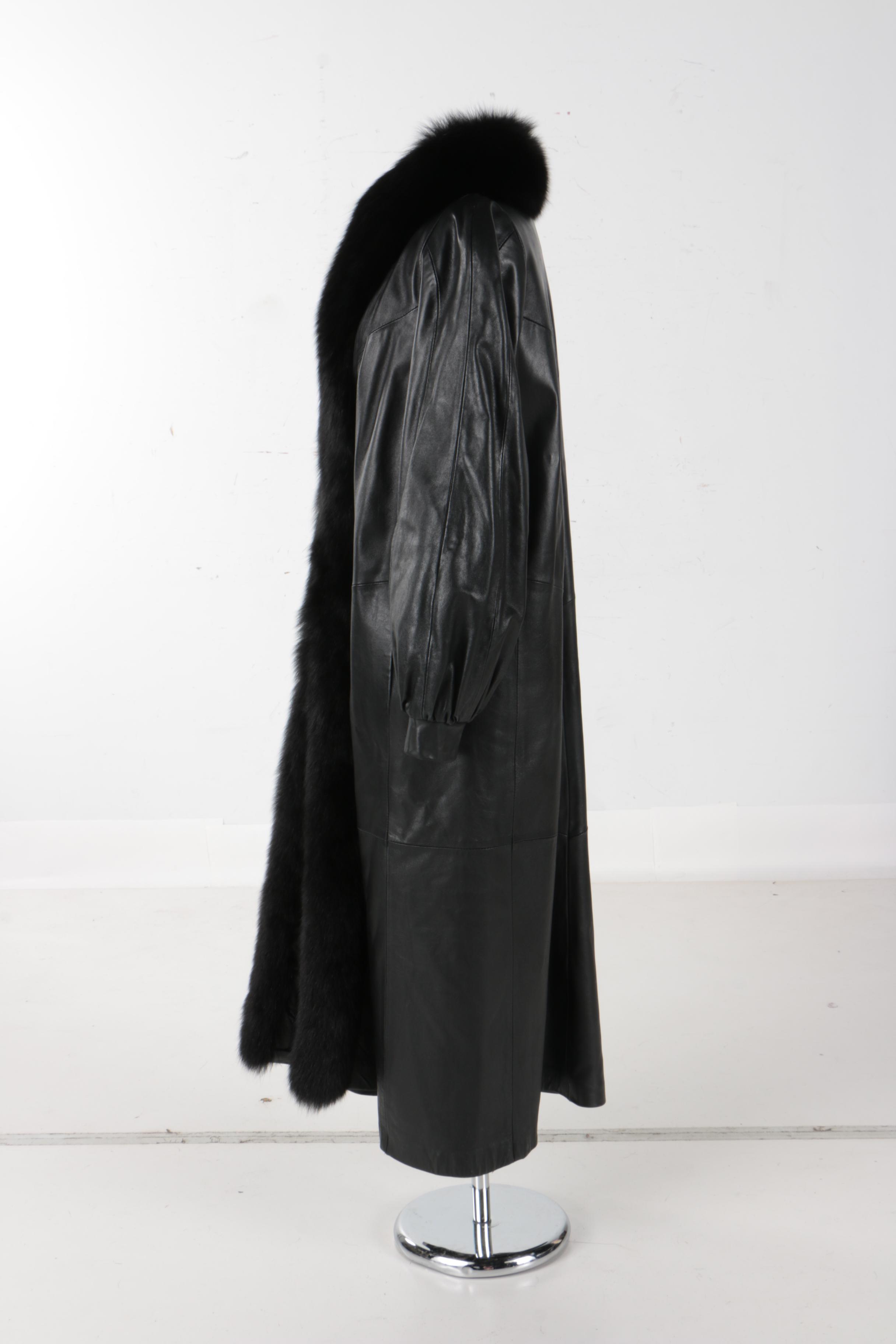 Rallee Black Leather Coat With Dyed Fox Fur Trim