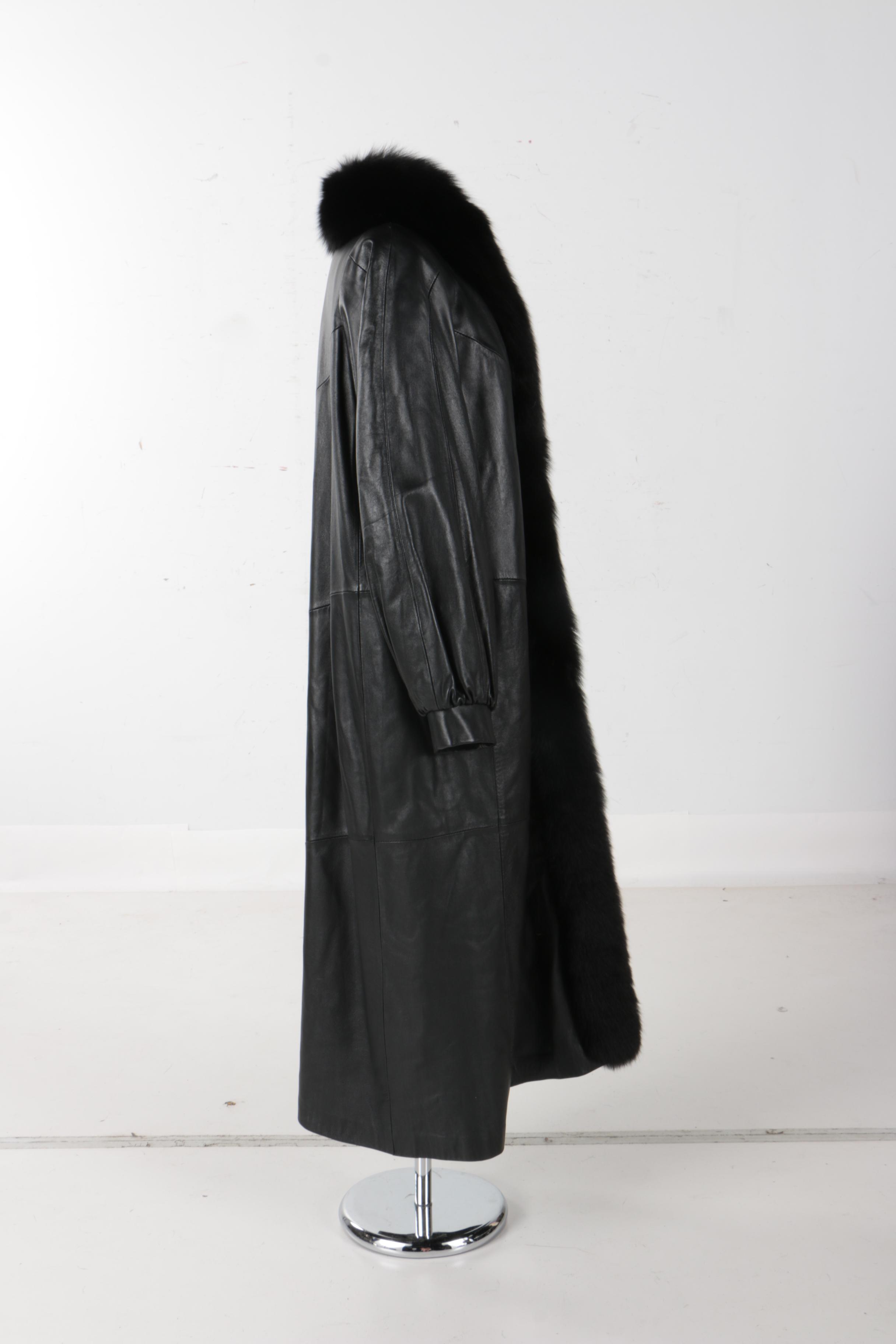 Rallee Black Leather Coat With Dyed Fox Fur Trim