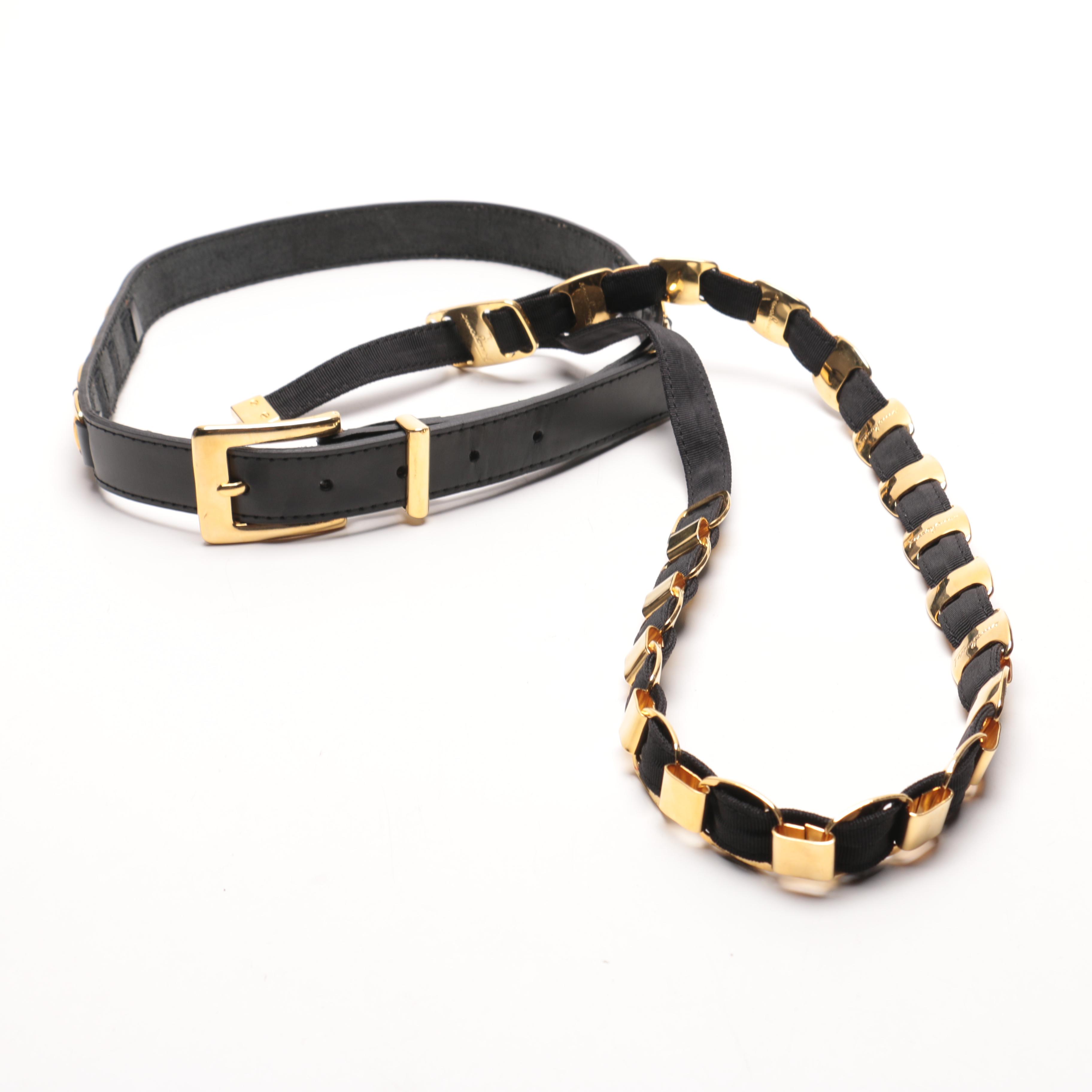 Ferragamo Black Leather and Gold Toned Metal Belts