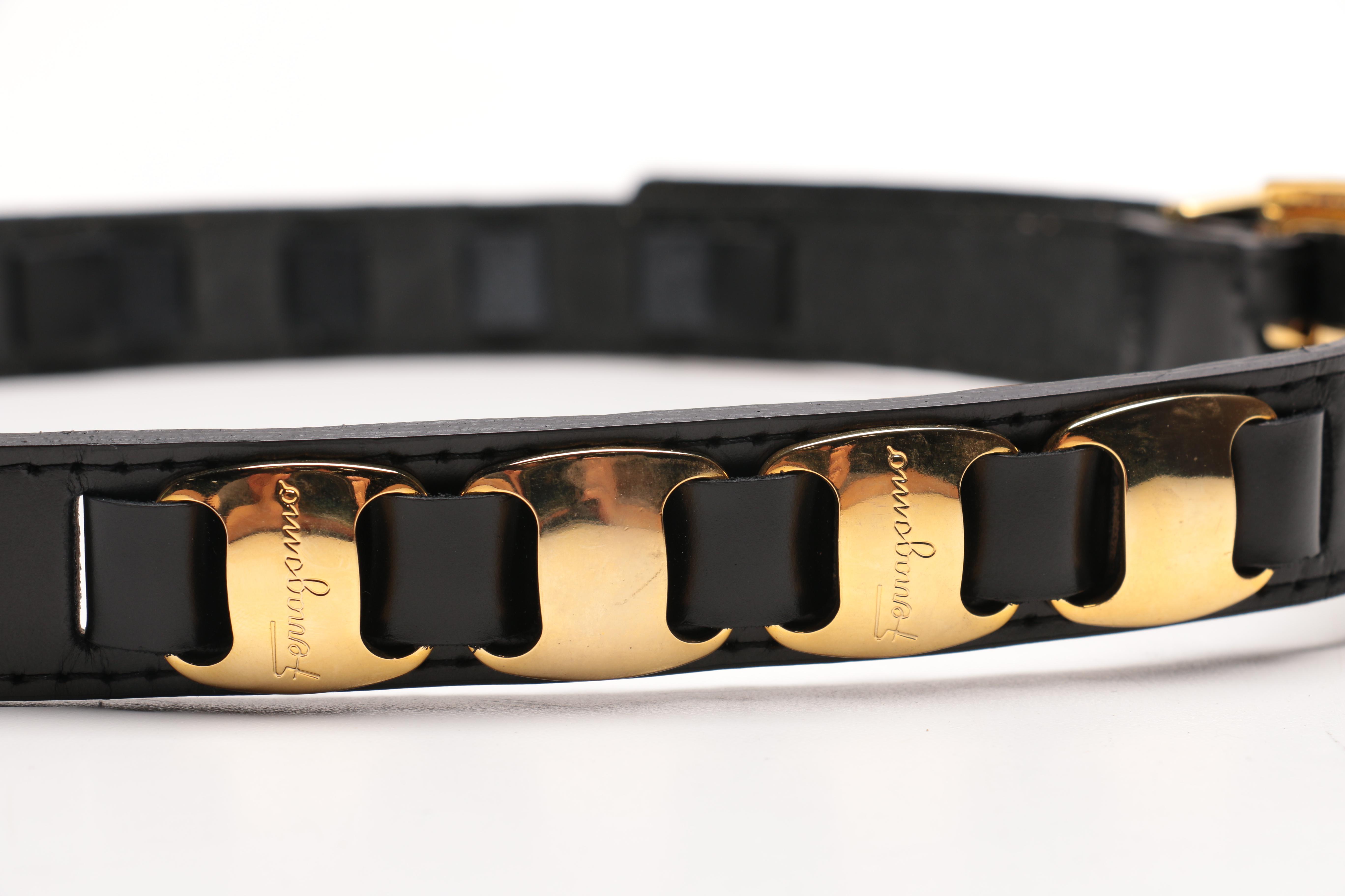 Ferragamo Black Leather and Gold Toned Metal Belts