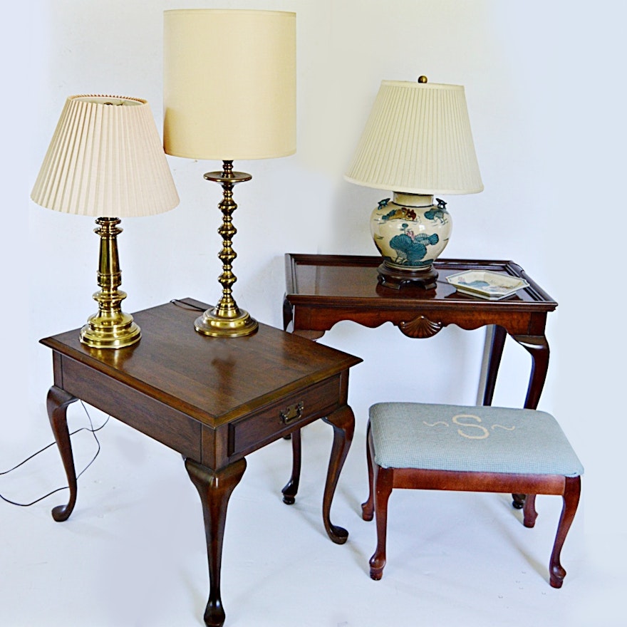 Queen Anne Style Tables, Stool, Stiffel Brass Lamp, Chinese Lamp