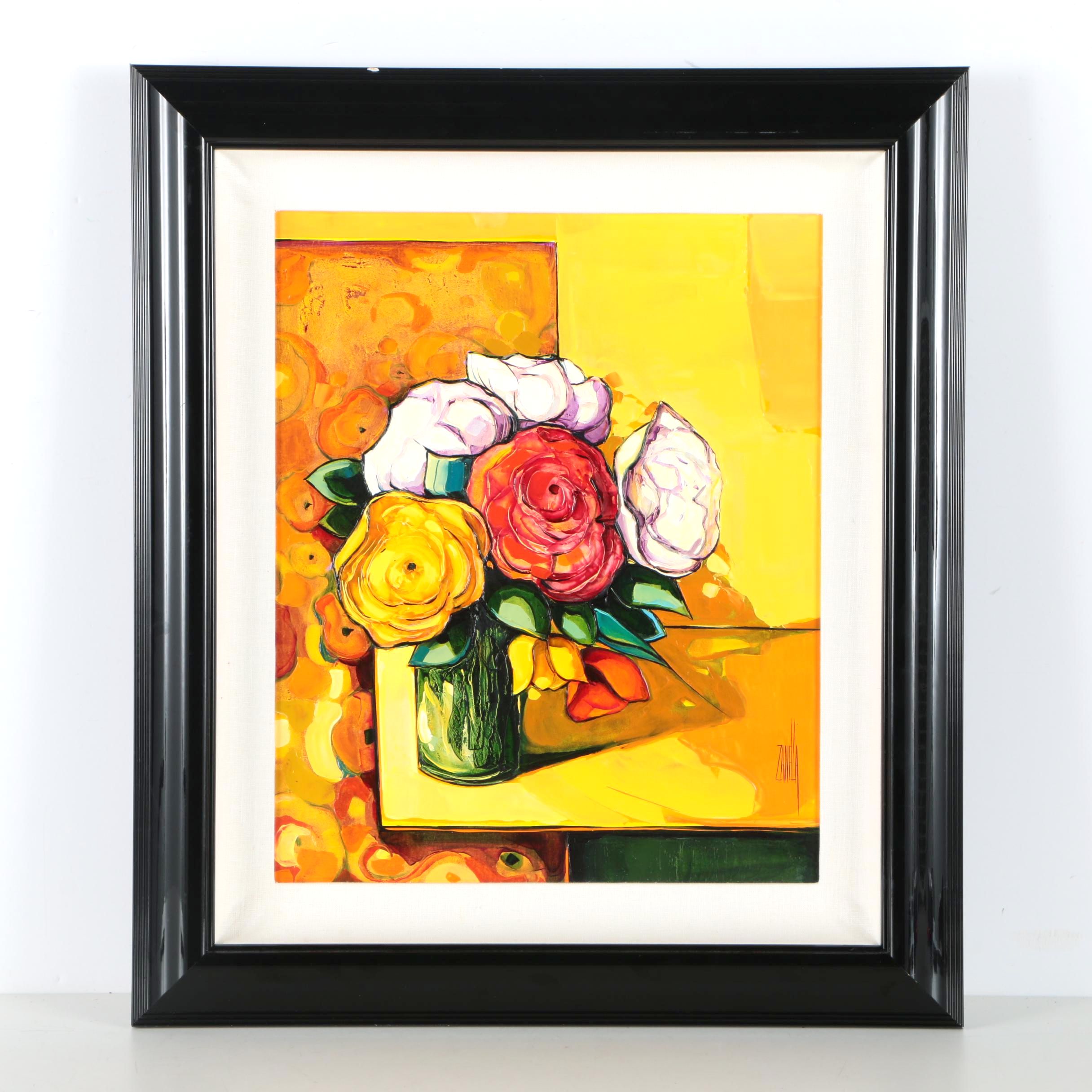 Leon Zanella Oil on Canvas Painting of Flowers