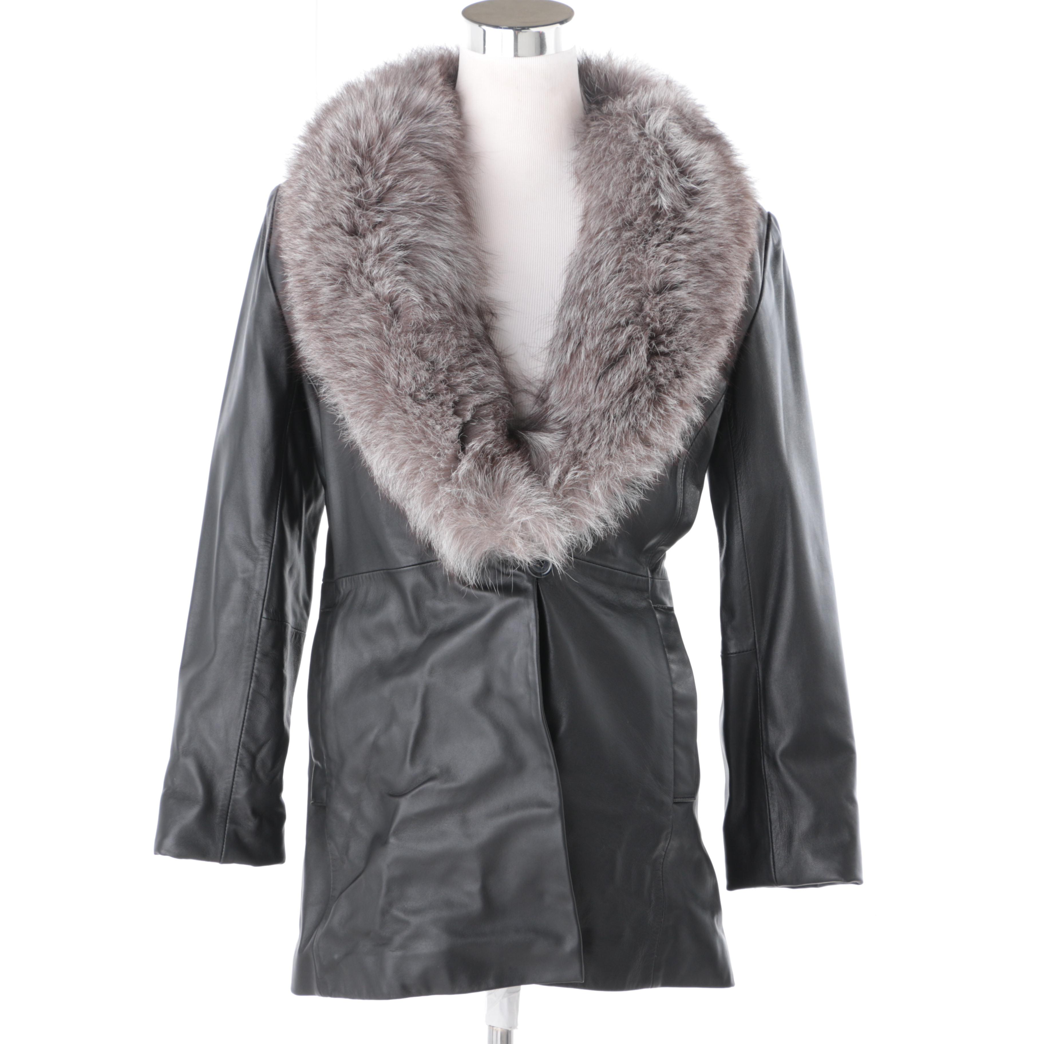 Marvin Richards Leather Coat with Russian Fox Fur Trim