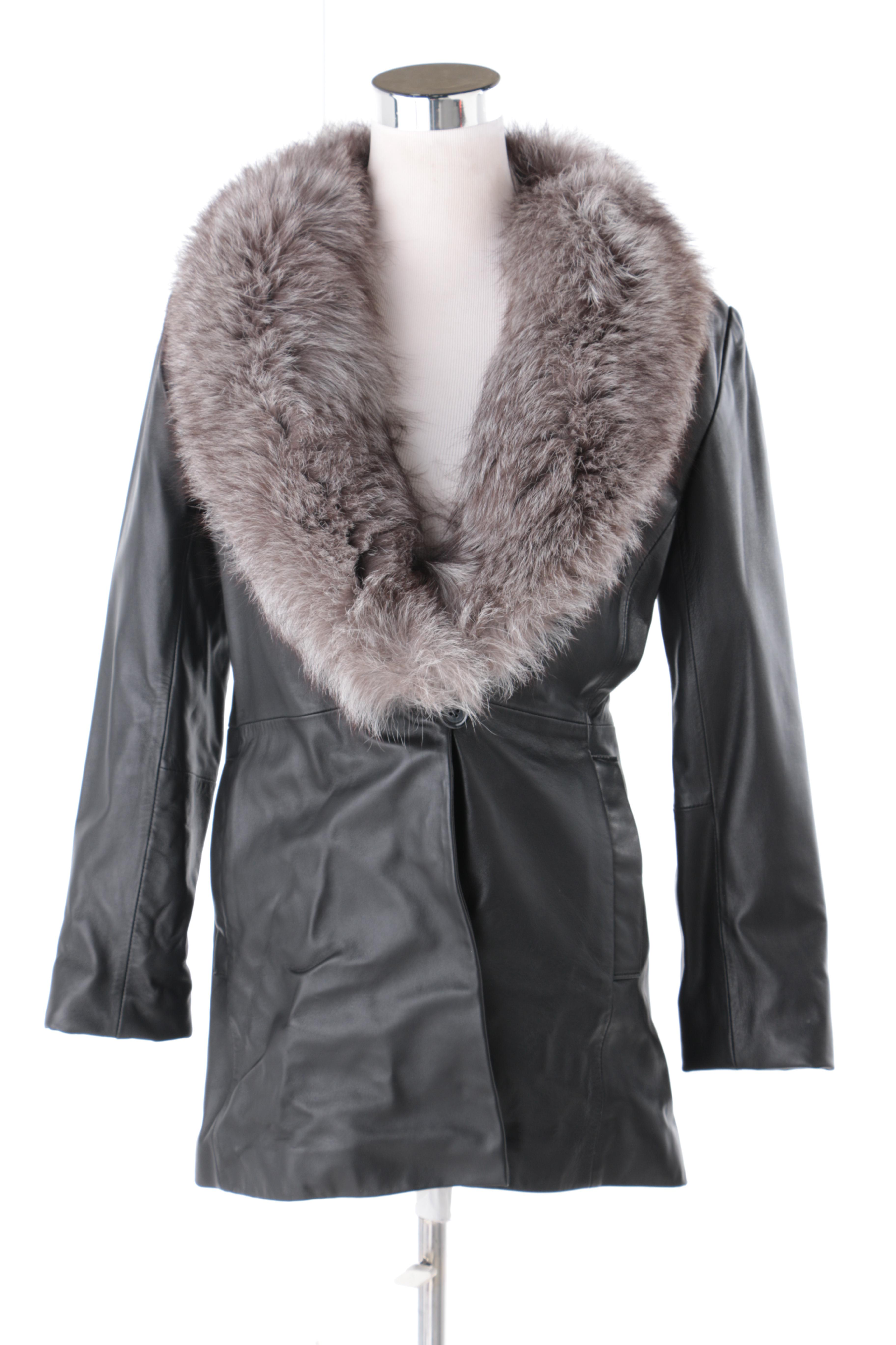 Marvin Richards Leather Coat with Russian Fox Fur Trim