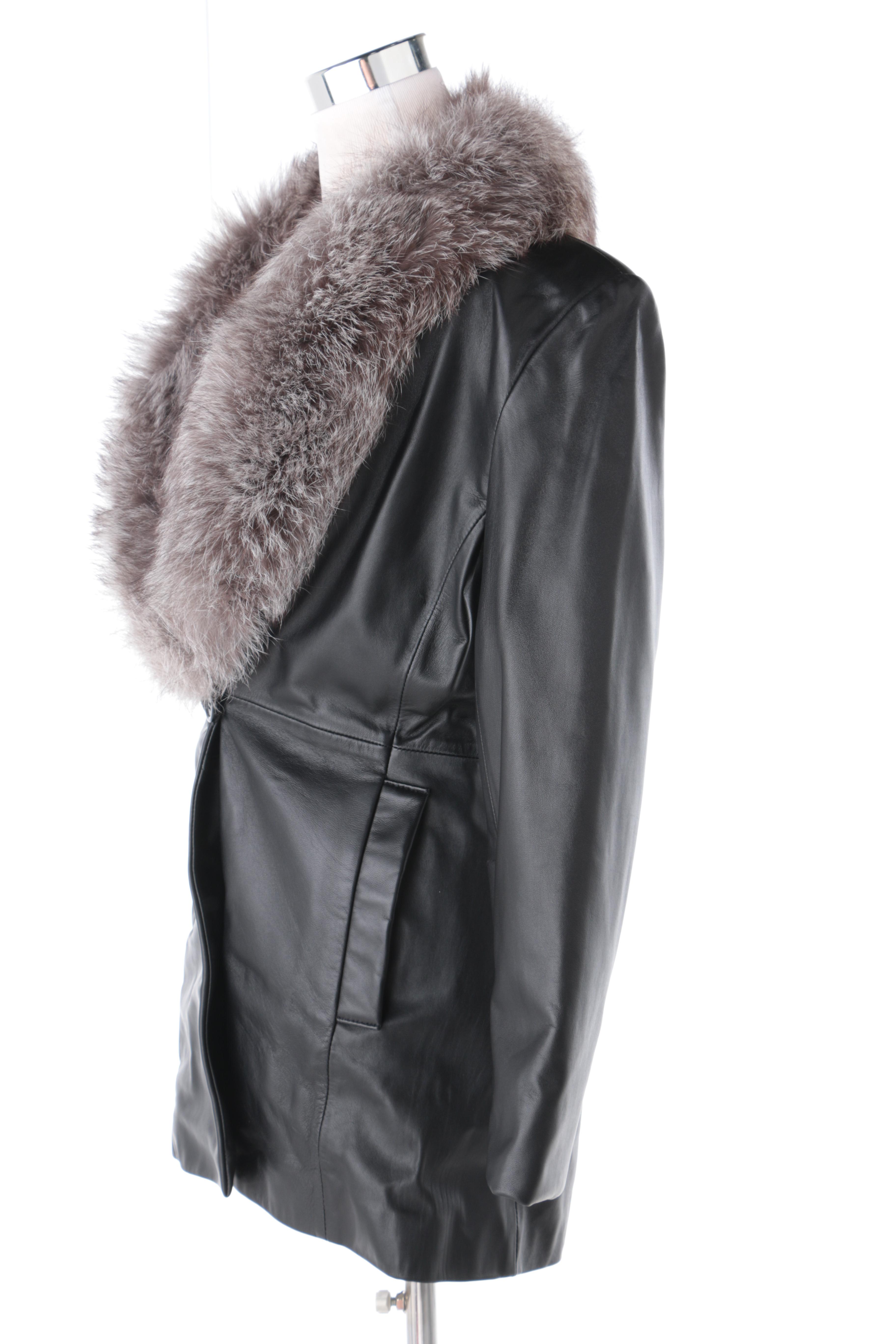 Marvin Richards Leather Coat with Russian Fox Fur Trim