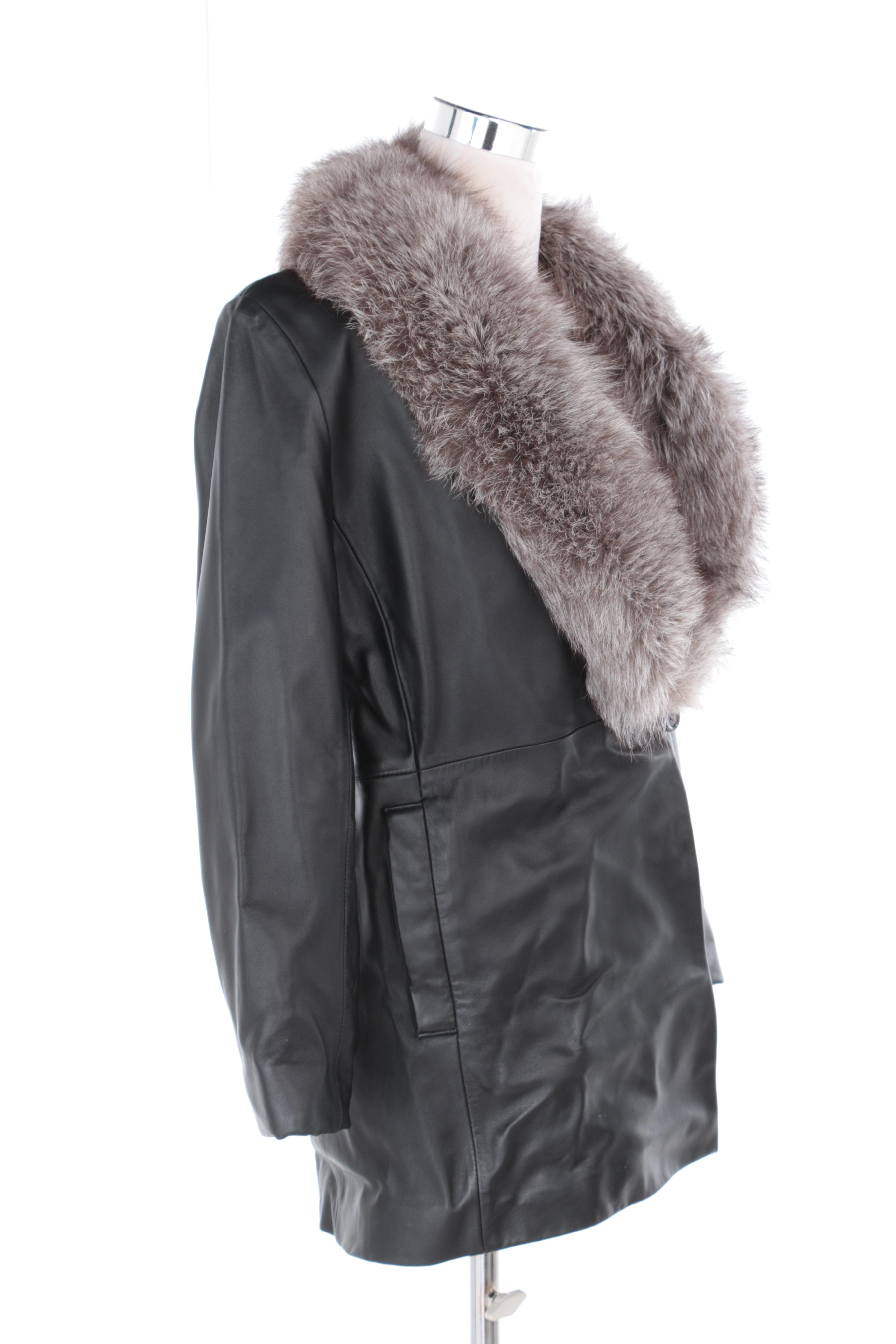 Marvin Richards Leather Coat with Russian Fox Fur Trim