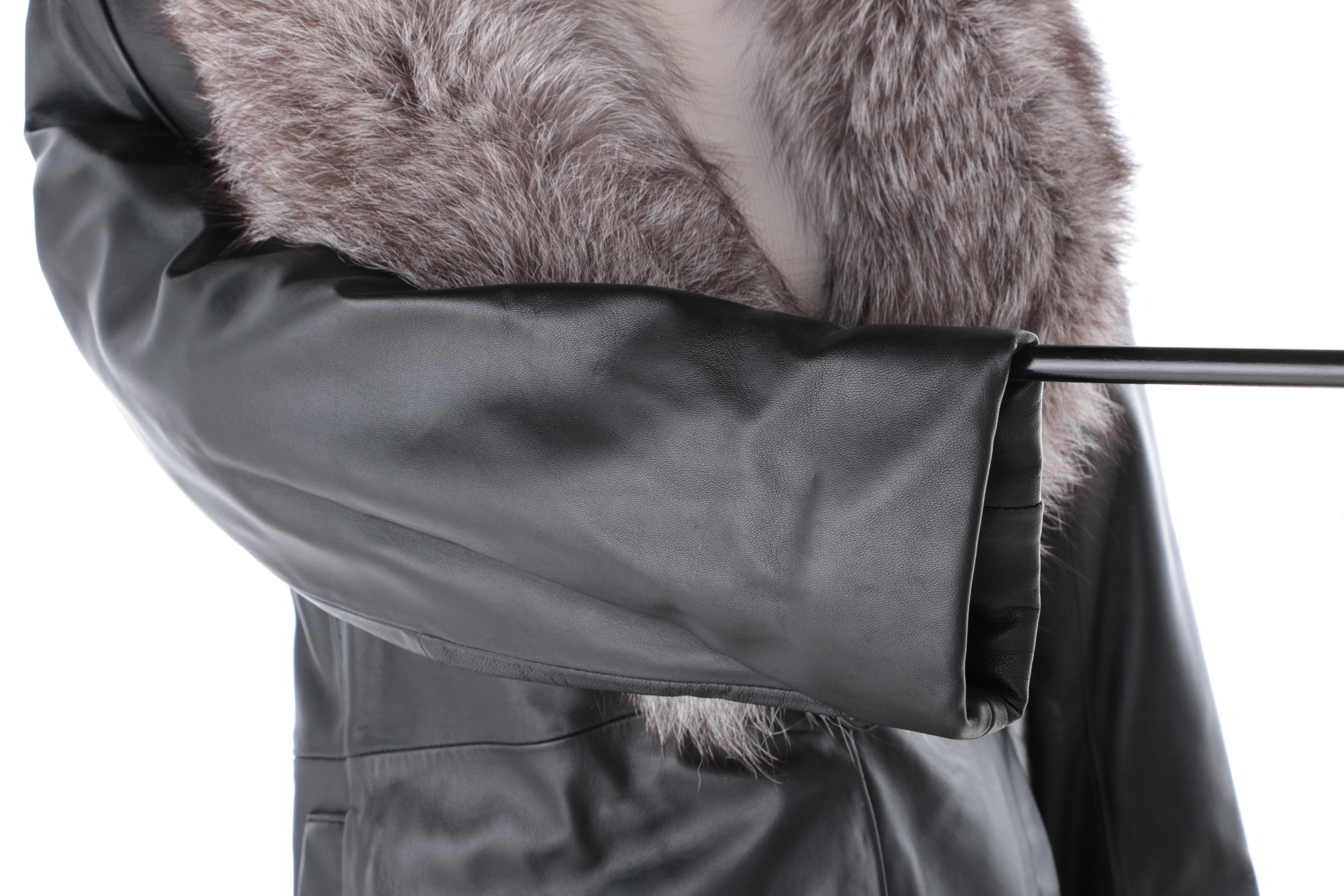 Marvin Richards Leather Coat with Russian Fox Fur Trim