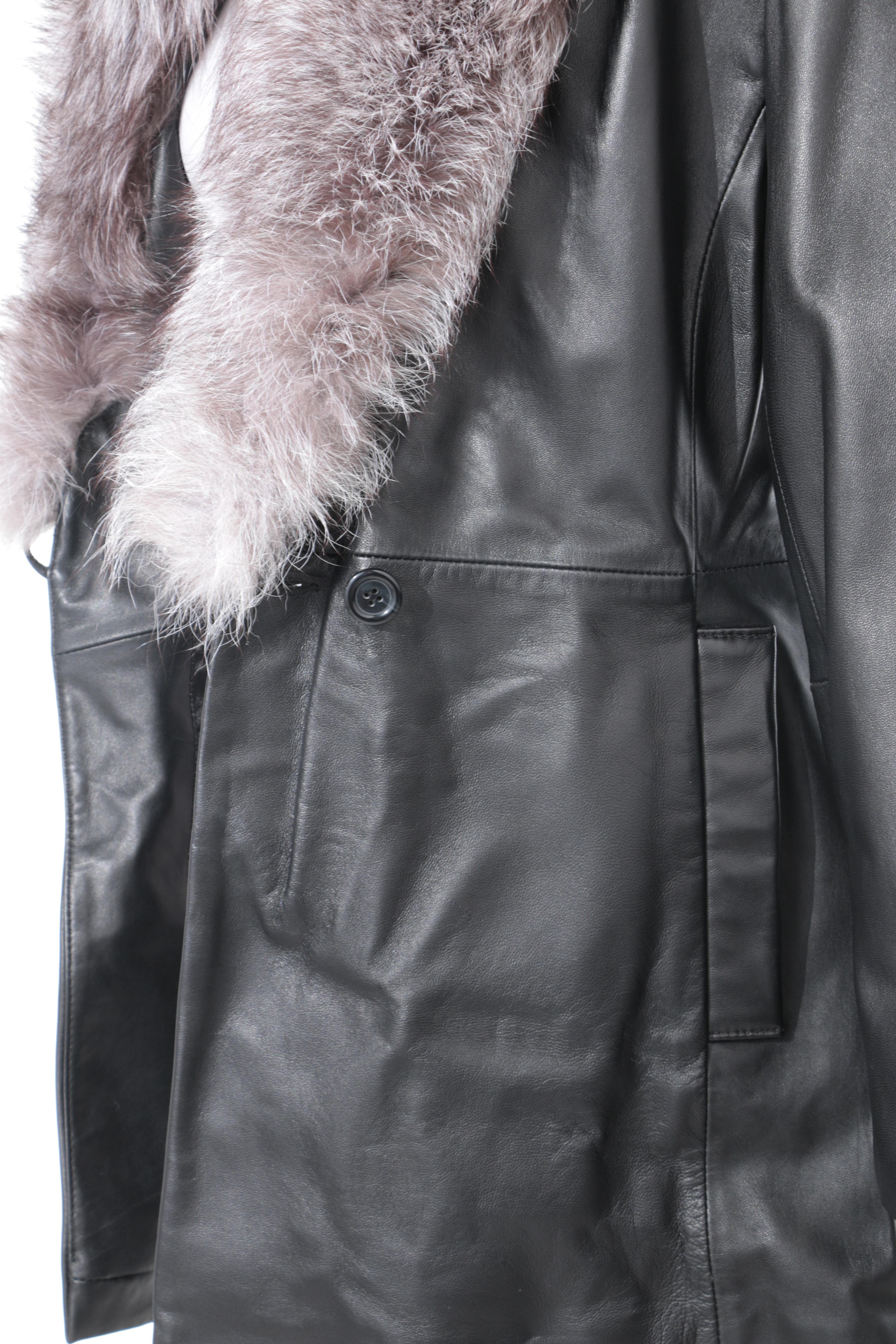 Marvin Richards Leather Coat with Russian Fox Fur Trim