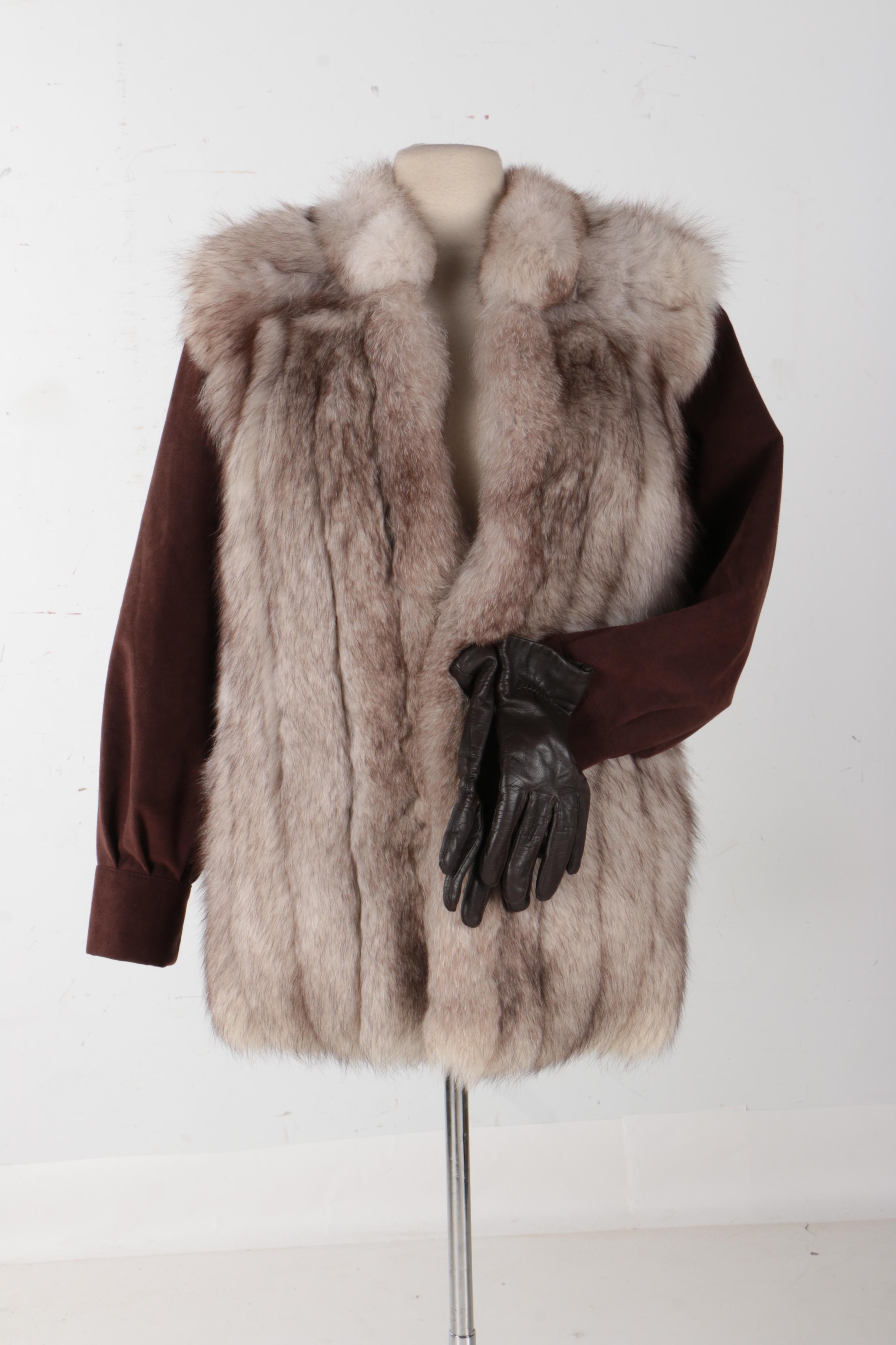 Vincents Fox Fur Women's Jacket With Leather Gloves
