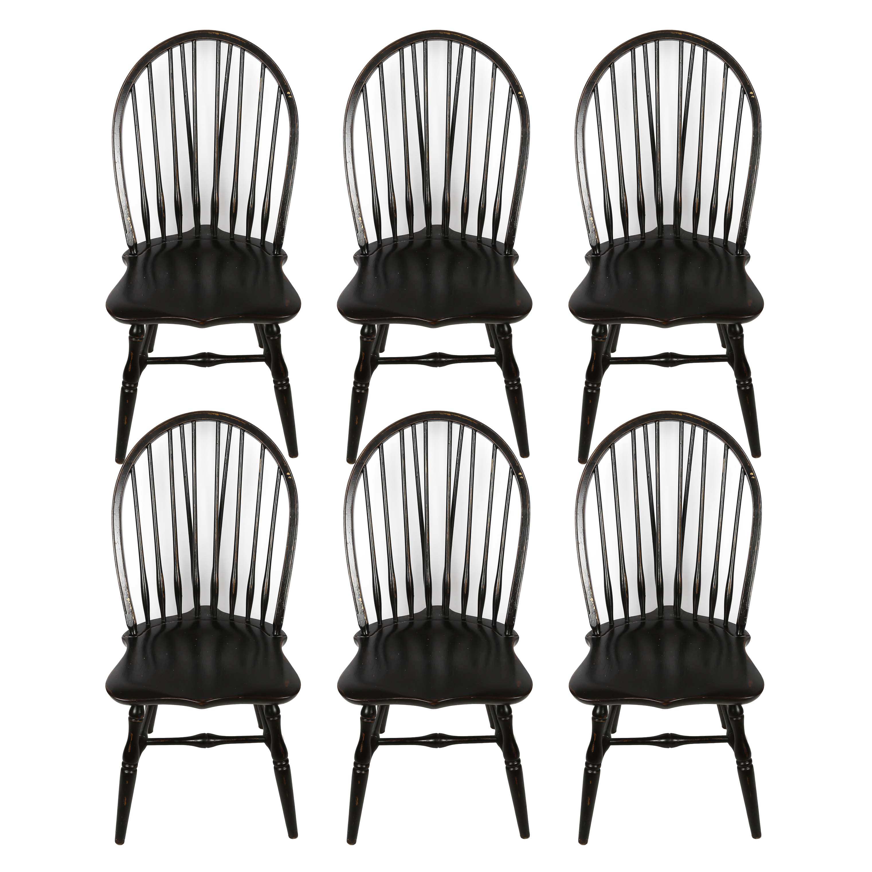 Six Brace Back Windsor Style Black Dining Chairs