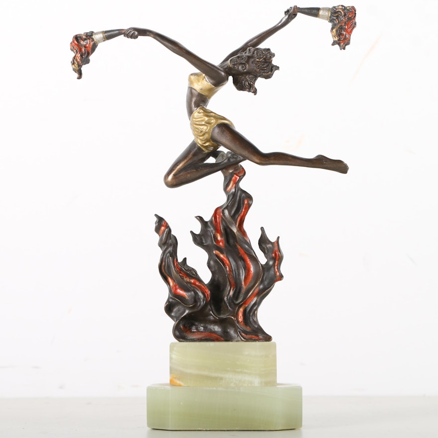 Cast Copper Painted Reproduction Sculpture After Ferdinand Preiss "The Flame Leaper"