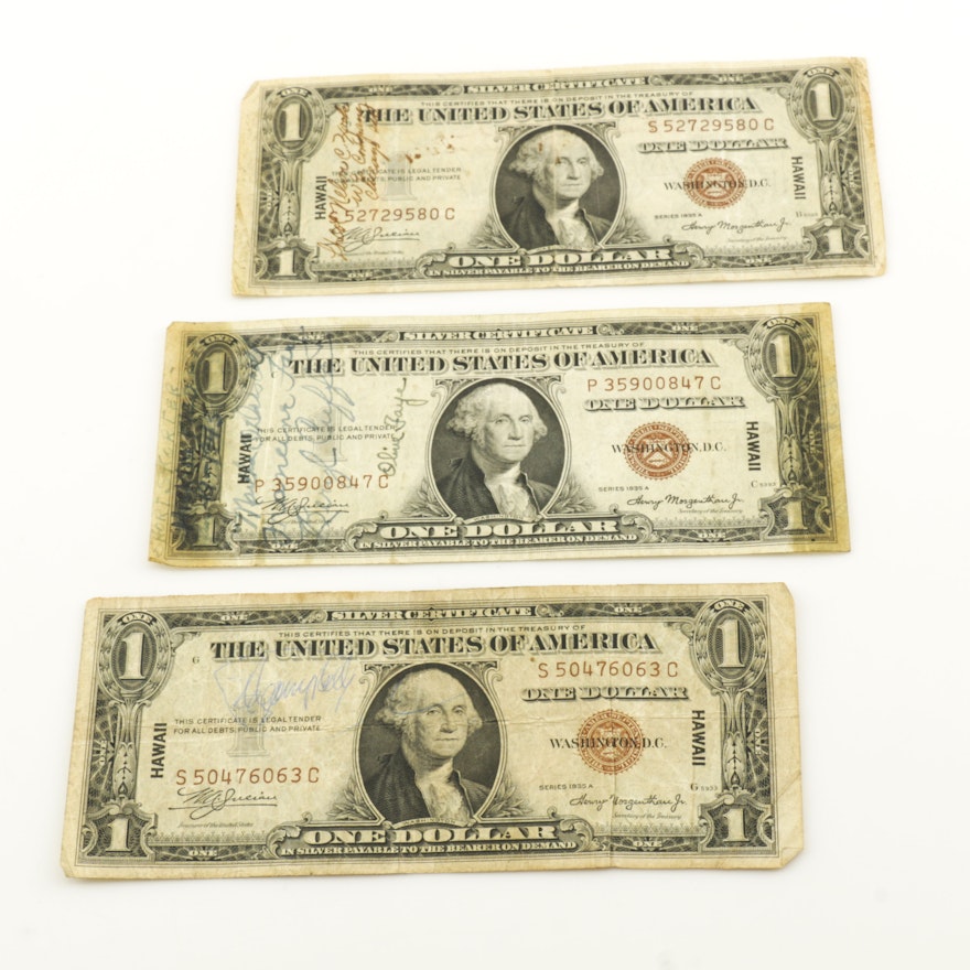 Group of 1935 A Brown Seal Hawaii $1 Silver Certificates including "Short Snorter" Notes