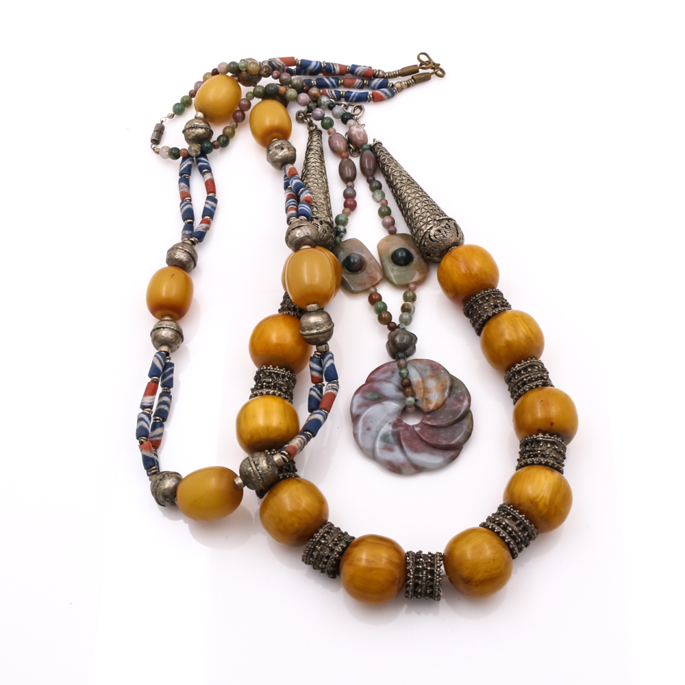 Assortment of Vintage Beaded Necklaces Including Mutton Fat Amber and Agate
