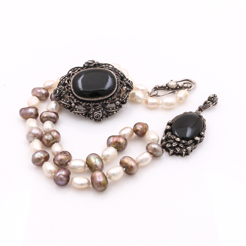 Sterling Silver Cultured Pearl and Onyx Jewelry