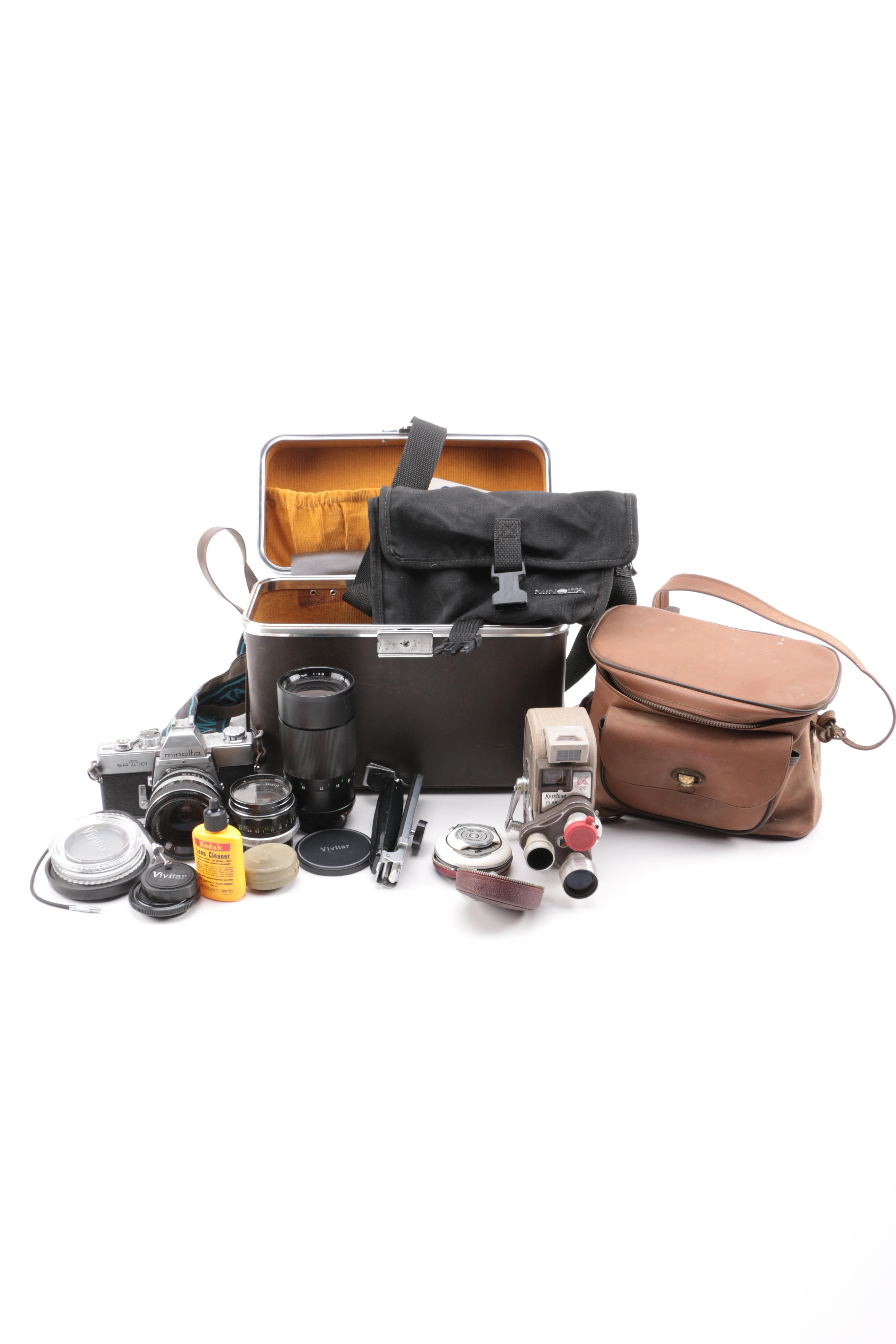 Keystone Video Camera and Minolta SR-T Camera with Accessories