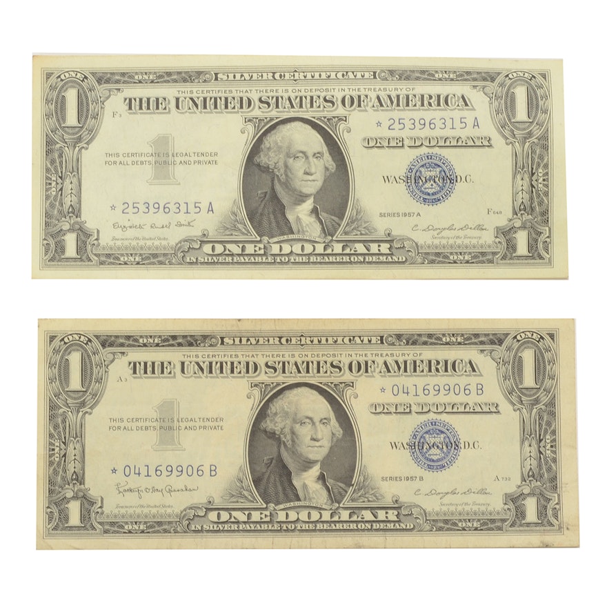 Group of Two 1957 Blue Seal $1 Star Note Silver Certificates