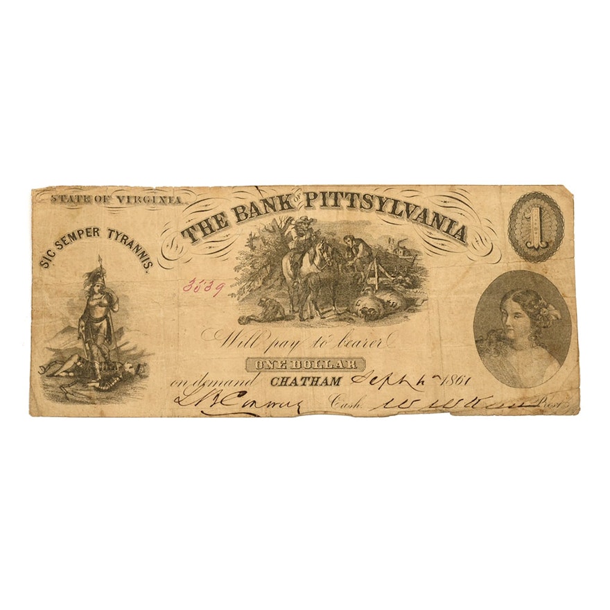 1861 $1 Obsolete Currency Note from the Bank of Pittsylvania
