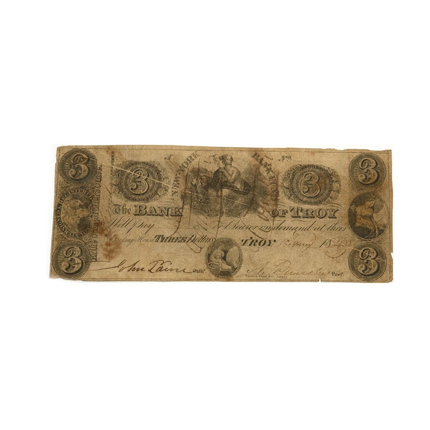 1840 $3 Obsolete Bank Note from the Bank of Troy in New York